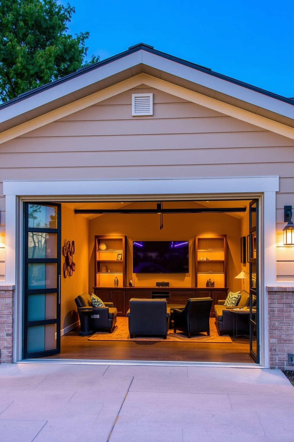 A custom garage door with sleek glass panels showcases a modern aesthetic. The space features a cozy man cave setup with comfortable seating, a large screen for entertainment, and ambient lighting that creates a welcoming atmosphere.