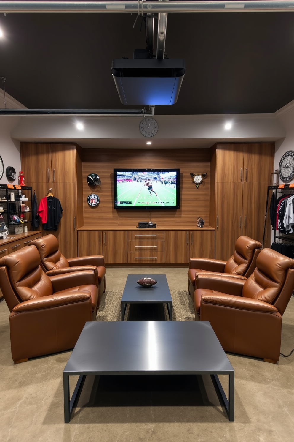 A stylish man cave garage designed for sports viewing features a wall-mounted TV positioned at eye level. Surrounding the TV, there are comfortable leather recliners and a sleek coffee table, creating an inviting space for relaxation and entertainment. The garage is equipped with a polished concrete floor and custom cabinetry for storage. Sports memorabilia decorates the walls, adding a personal touch to the overall design.