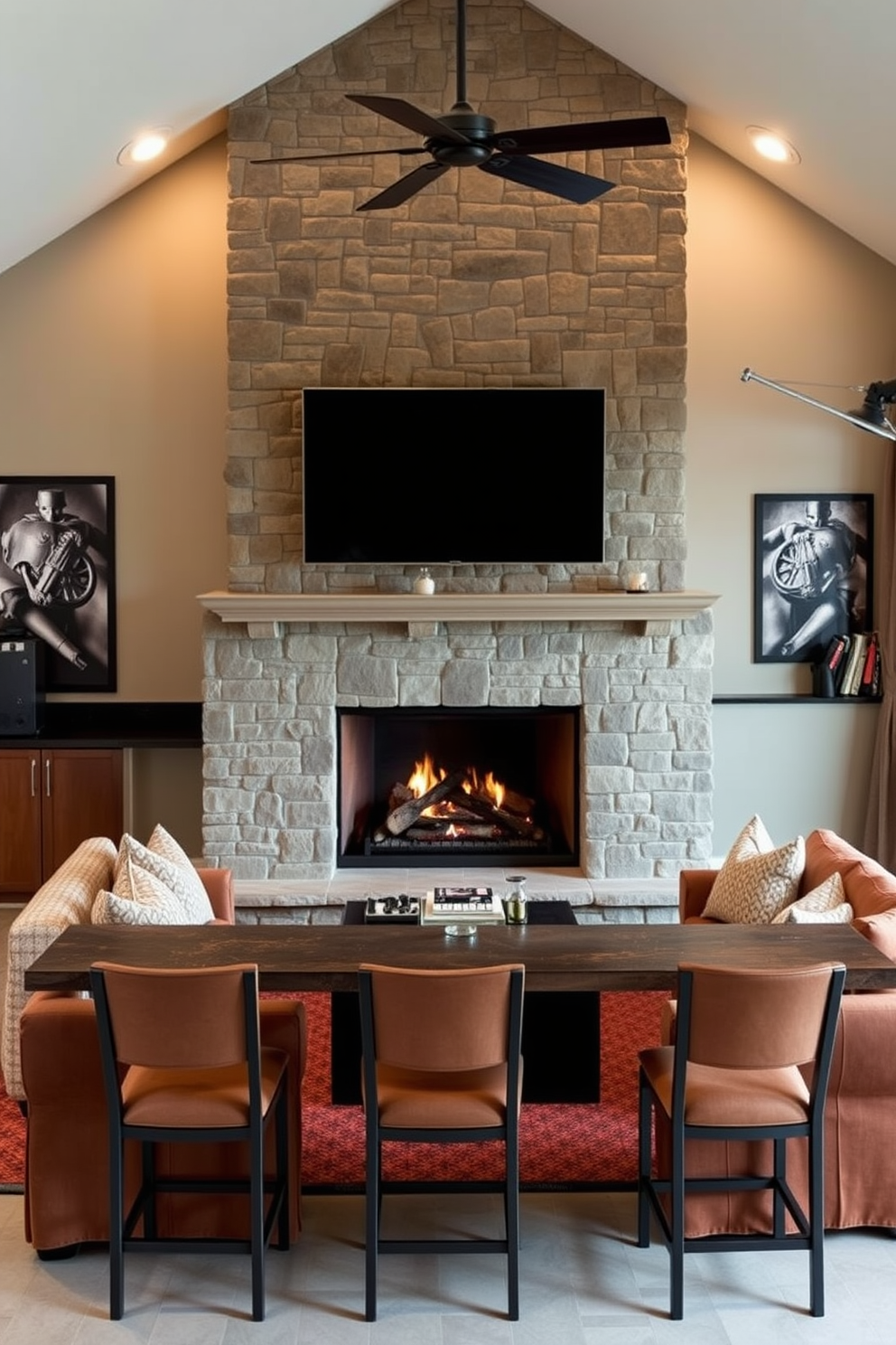 Cozy fireplace for winter gatherings. A large stone fireplace serves as the focal point of the room, surrounded by comfortable seating in warm, rich fabrics. Man Cave Garage Design Ideas. The garage features a sleek bar area with high-top stools, complemented by a large flat-screen TV mounted on the wall for entertainment.