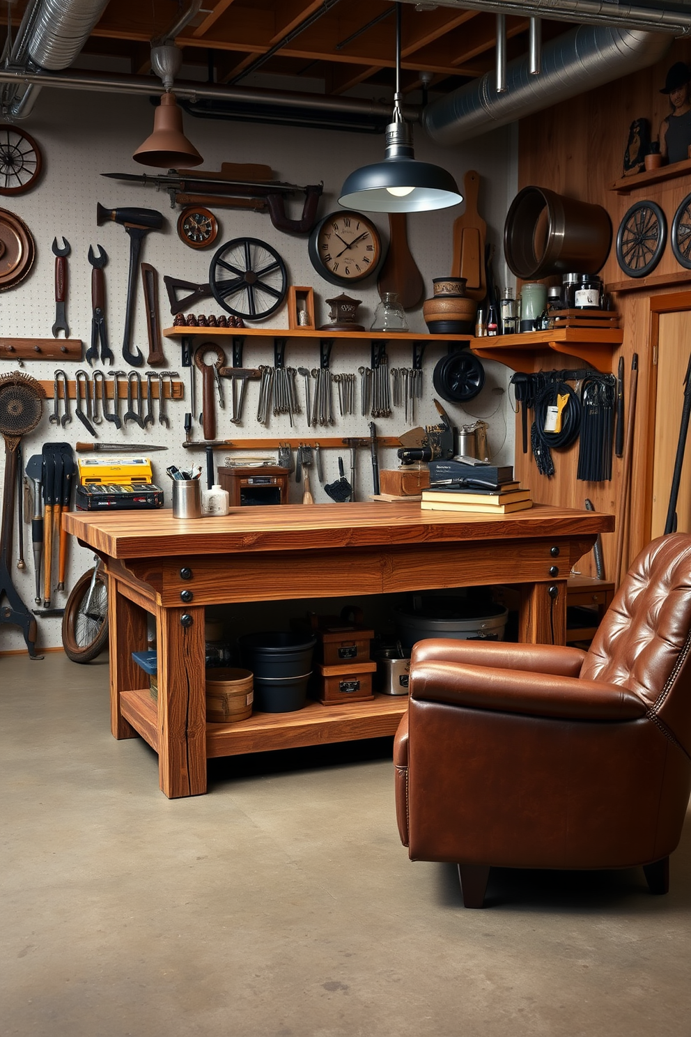 A rustic artisan crafted wooden workbench takes center stage in a stylish man cave garage. The walls are adorned with vintage tools and memorabilia, creating an inviting atmosphere for creativity and craftsmanship. Soft industrial lighting illuminates the workspace, highlighting the rich textures of the wood. A comfortable leather chair sits nearby, providing a perfect spot to relax and admire the craftsmanship.