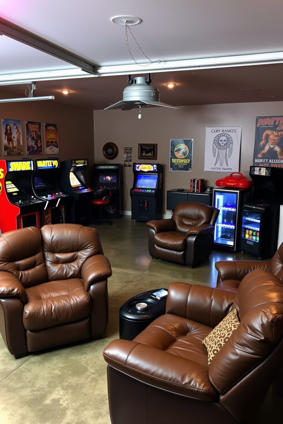 A cozy man cave garage designed for entertainment features a retro arcade game area with classic machines lining the walls. The floor is polished concrete, and ambient lighting creates a warm atmosphere, inviting friends to enjoy a game night. The garage also includes a comfortable seating area with leather recliners and a mini fridge stocked with drinks. Vintage posters of iconic arcade games decorate the walls, adding a nostalgic touch to the space.