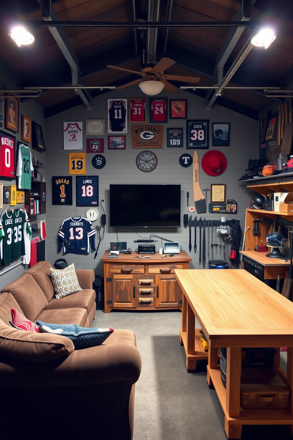 A cozy man cave designed around a love for sports. The walls are adorned with framed jerseys and memorabilia, while a large sectional sofa faces a big-screen TV mounted above a rustic wooden console. The garage is transformed into a workshop for woodworking enthusiasts. Shelves filled with tools line the walls, and a sturdy workbench sits in the center, illuminated by bright overhead lights.