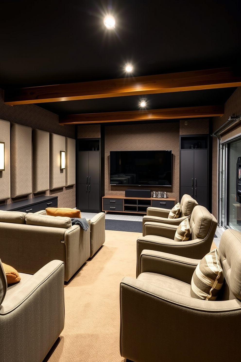 A cozy man cave designed for soundproofing music and movies features plush seating arranged for optimal viewing. The walls are lined with acoustic panels, and a large screen is mounted opposite the seating area, creating an immersive entertainment experience. The garage design incorporates stylish storage solutions and a dedicated area for a home theater setup. Sleek cabinetry blends with an industrial aesthetic, while comfortable lounge chairs provide the perfect spot to enjoy movies and music in a relaxed atmosphere.