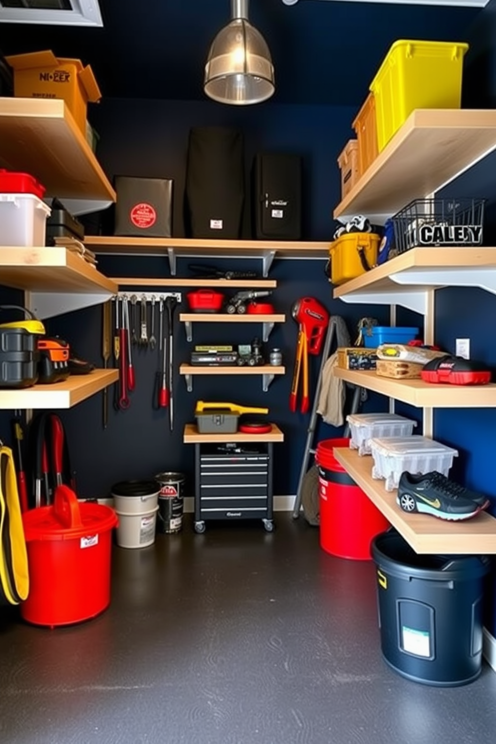 A stylish man cave garage featuring open shelving for easy access to tools and equipment. The walls are painted a deep navy blue, and the floor is finished with a durable epoxy coating.