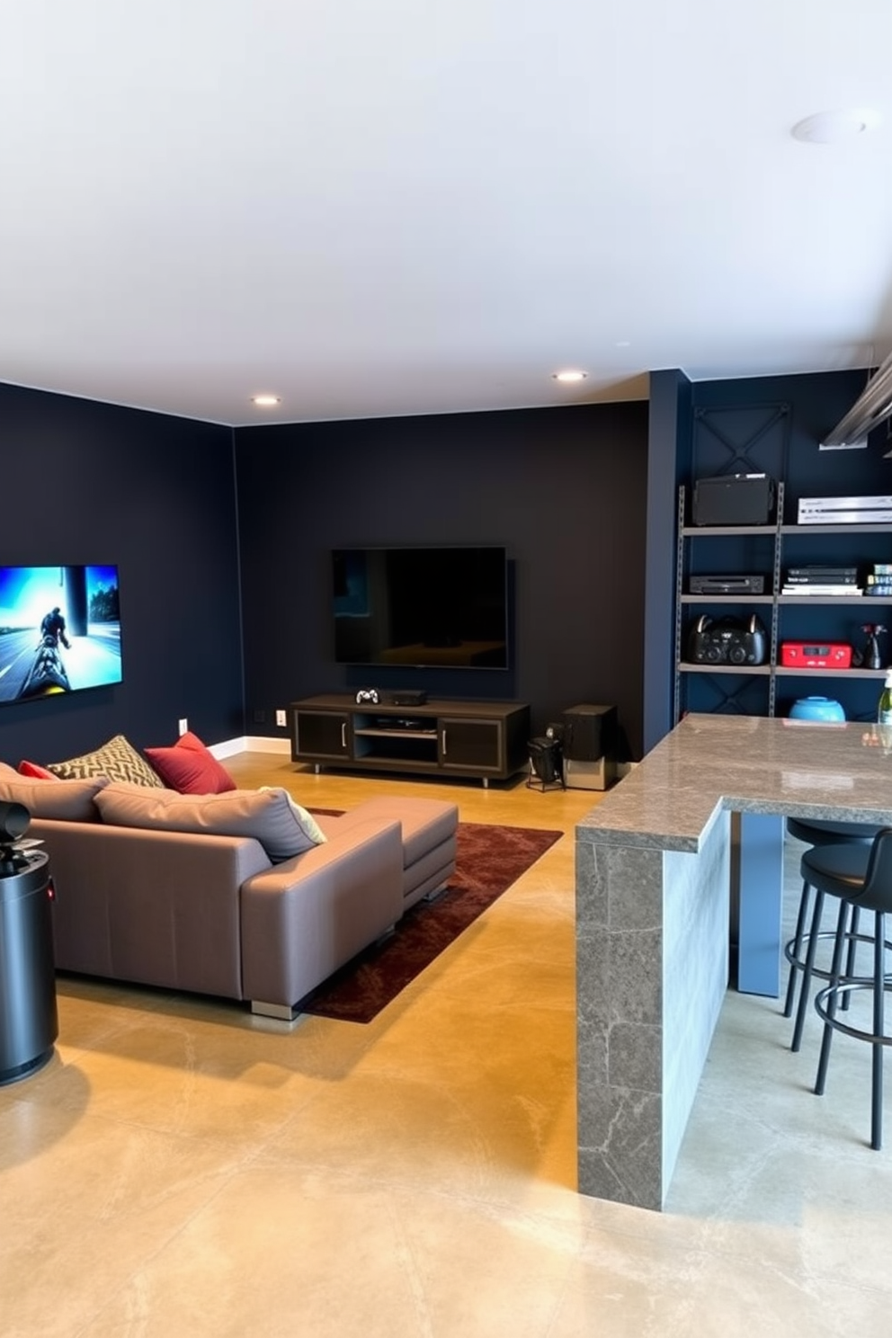 A sleek man cave featuring modern gaming consoles and comfortable seating. The walls are painted in a deep navy blue, and a plush sectional sofa faces a large flat-screen TV mounted above a stylish media console. The garage is transformed into a multifunctional space with polished concrete flooring and ample storage. Industrial-style shelving lines the walls, and a custom bar area with high stools invites relaxation and entertainment.