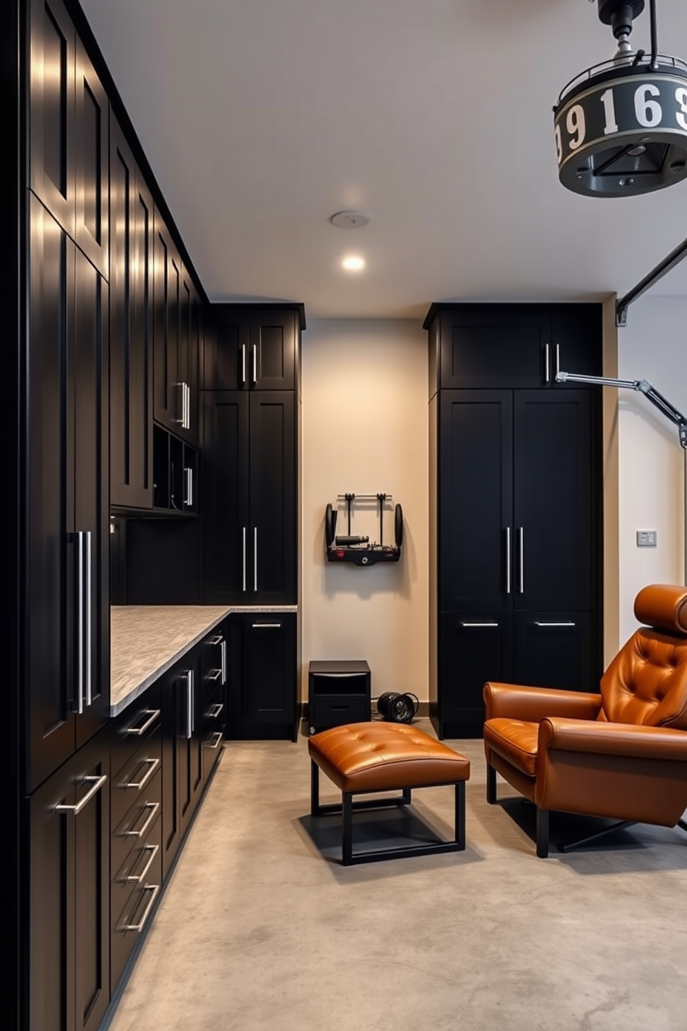 Custom built-in cabinets for organization in a man cave garage. The cabinets feature a sleek matte black finish with brushed nickel handles, providing ample storage for tools and equipment while maintaining a modern aesthetic. The garage is designed with a polished concrete floor and industrial-style lighting fixtures that enhance the contemporary feel. A cozy seating area with leather chairs and a small coffee table is included, creating a welcoming space for relaxation and entertainment.