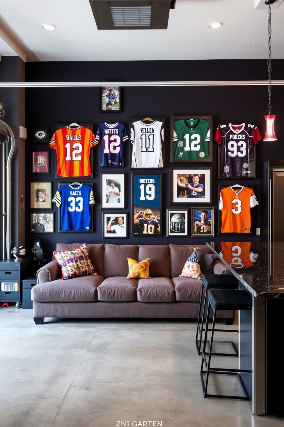 A sports memorabilia wall featuring framed jerseys and signed photographs creates a vibrant focal point in the room. Below the wall, a cozy sectional sofa with plush cushions offers comfortable seating for game day gatherings. The garage is transformed into a man cave with sleek storage solutions and a polished concrete floor. A stylish bar area with high stools and a mini fridge adds an inviting touch for entertaining friends.