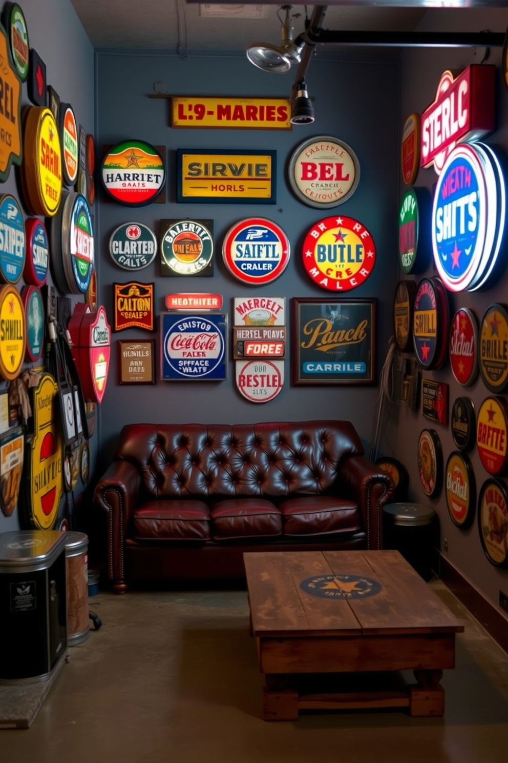 A cozy man cave garage featuring vintage signs that evoke nostalgia. The walls are adorned with a collection of colorful retro signs, creating a warm and inviting atmosphere. In the corner, a classic leather couch is paired with a rustic wooden coffee table. The floor is finished with polished concrete, and soft lighting adds a relaxed ambiance to the space.