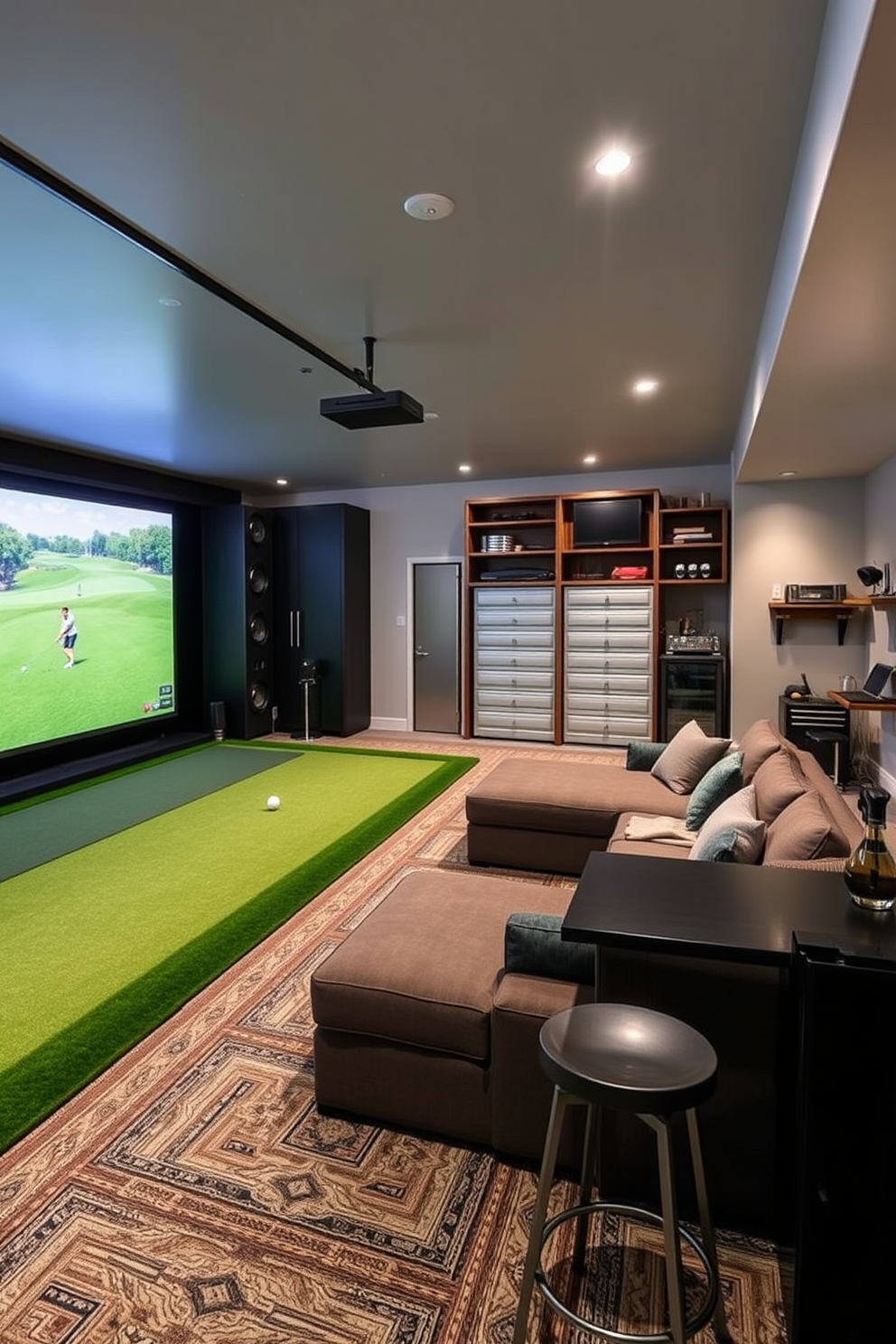 A sleek indoor golf simulator room designed for practice. The space features a high-tech simulator screen, a putting green with realistic turf, and comfortable seating for spectators. A stylish man cave that combines comfort and entertainment. The room includes a large sectional sofa, a state-of-the-art sound system, and a bar area with high stools and a mini fridge. A functional garage designed for both storage and hobbies. The layout includes custom shelving, a workbench with tools, and ample space for vehicles and outdoor equipment.