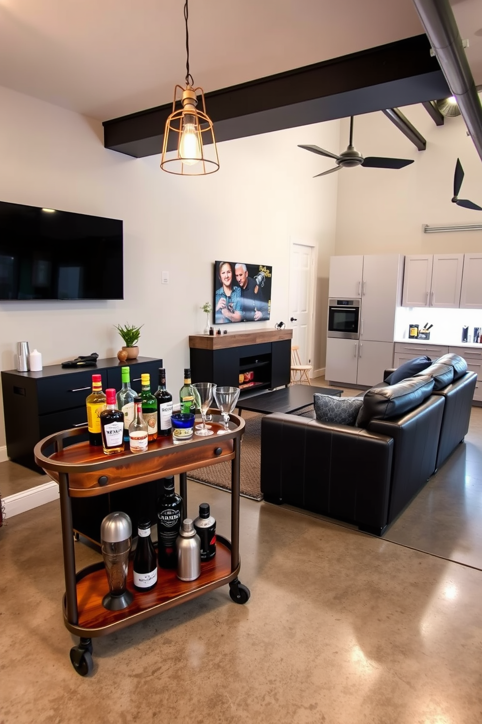 A stylish bar cart is set up in the corner of a cozy living room. It features a polished wood surface with a selection of premium spirits, glassware, and a cocktail shaker neatly arranged. The man cave is designed with a comfortable leather sectional sofa and a large flat-screen TV mounted on the wall. Industrial-style lighting fixtures hang from the ceiling, creating a warm ambiance for relaxation and entertainment. The garage is transformed into a multifunctional space with sleek cabinetry and a workbench for DIY projects. Bright LED lights illuminate the area, and a polished concrete floor adds a modern touch while providing durability.