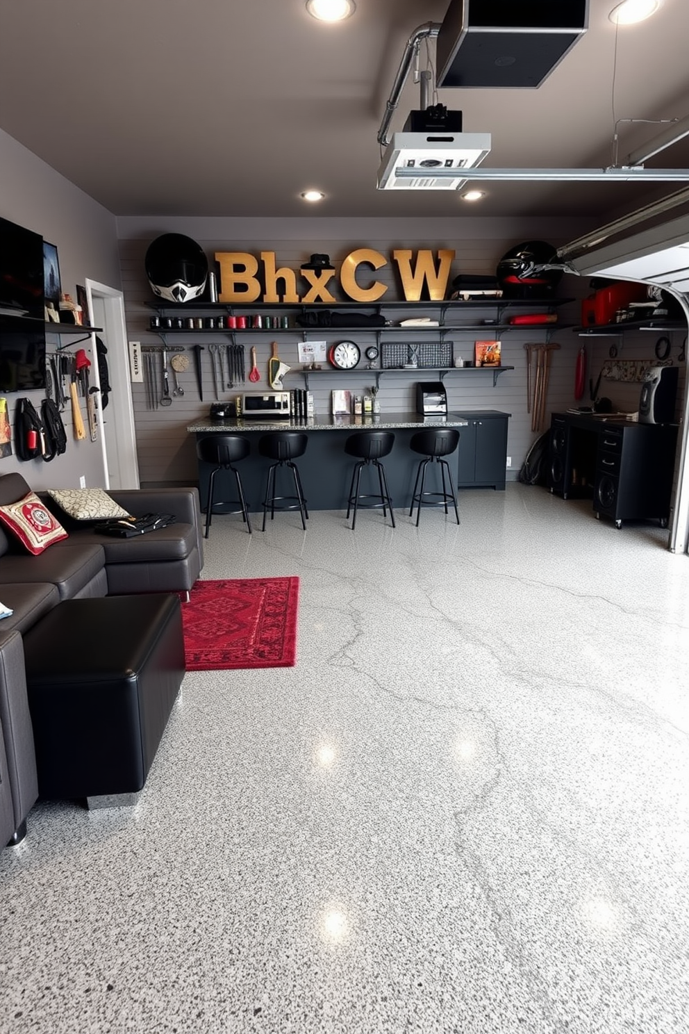 A stylish man cave garage featuring unique epoxy flooring that reflects a modern aesthetic. The space is designed with comfortable seating, a sleek bar area, and wall-mounted shelves filled with memorabilia and tools.