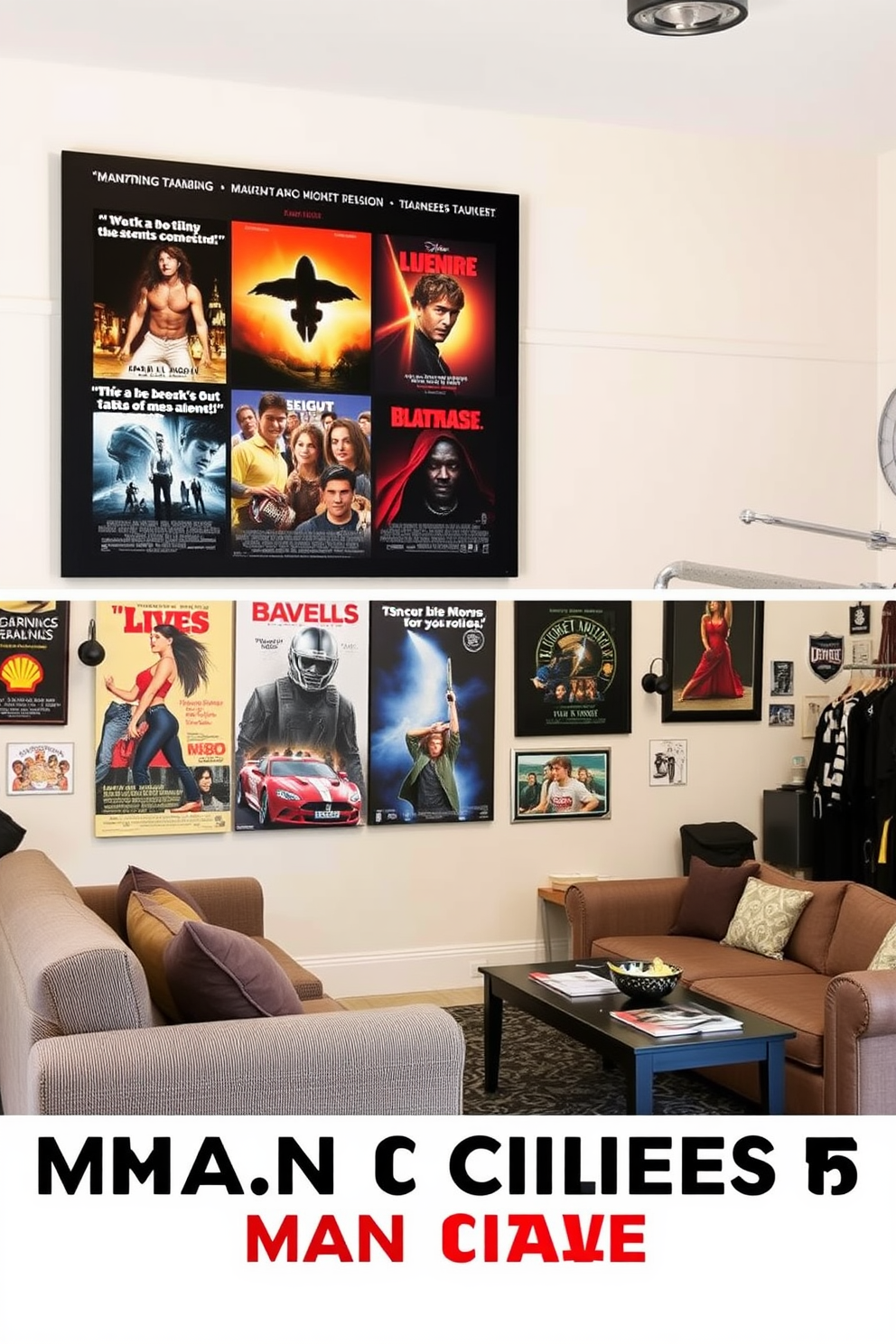 Wall art featuring favorite films or bands. A large canvas displays iconic movie posters and album covers, creating a vibrant focal point in the room. Man Cave Garage Design Ideas. The garage is transformed into a cozy retreat with comfortable seating, a mini bar, and sports memorabilia adorning the walls.