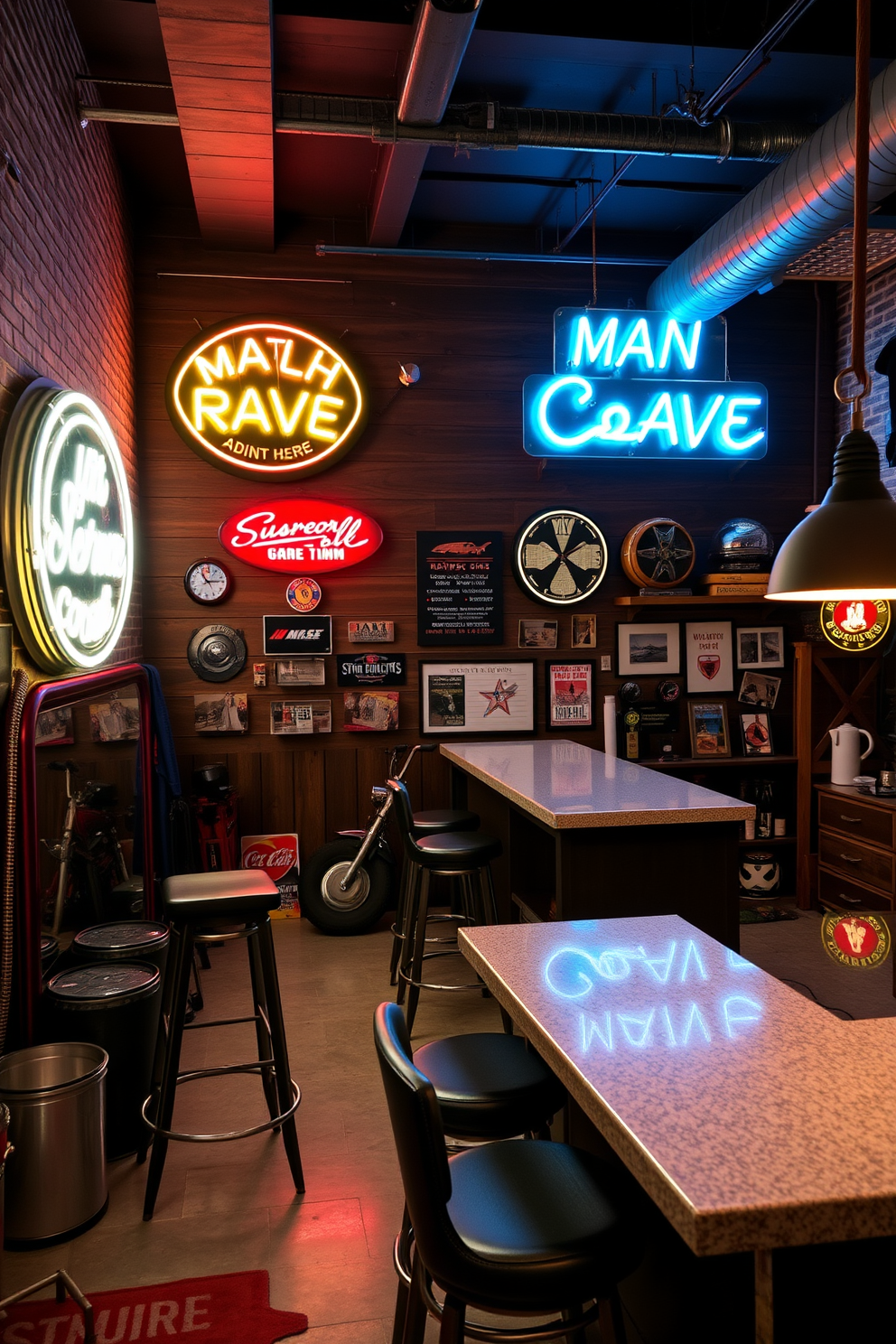 A stylish man cave garage featuring personalized neon signs that add a unique flair to the space. The walls are adorned with a mix of dark wood paneling and exposed brick, creating a warm yet industrial atmosphere. The garage is equipped with a custom bar area showcasing high-top stools and a sleek countertop. Vintage memorabilia and automotive art pieces are displayed throughout, enhancing the overall aesthetic.