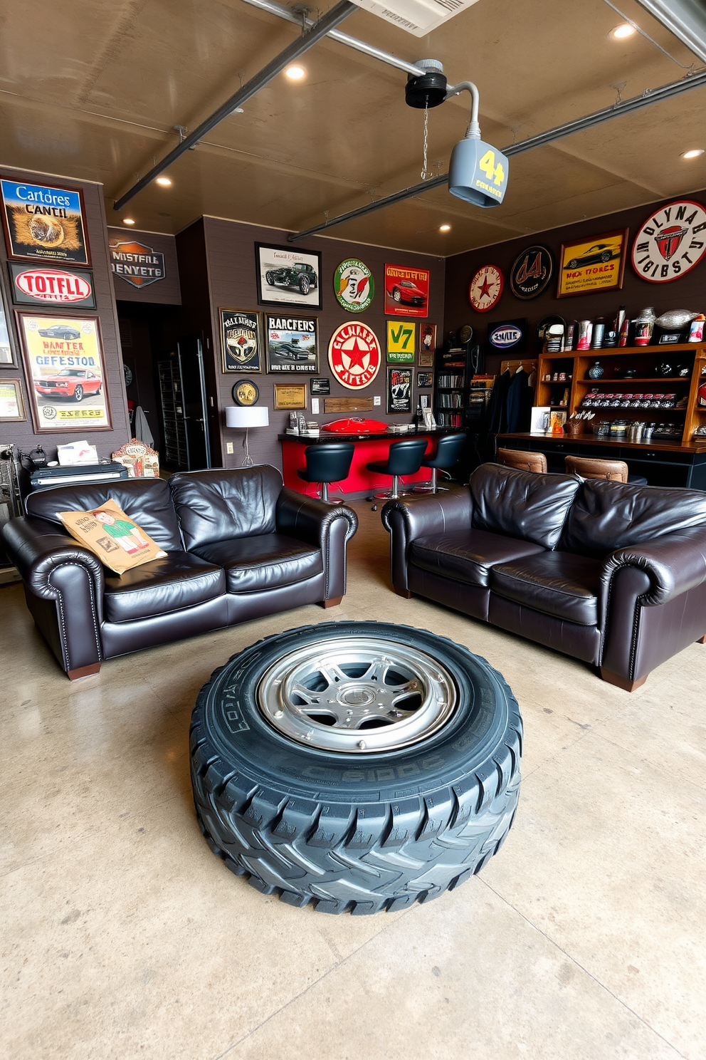 A stylish man cave garage featuring automotive-themed decor and accents. The walls are adorned with vintage car posters and metal signs, while a polished concrete floor adds an industrial touch. A custom-built bar area showcases automotive memorabilia, including a classic car hood as the bar top. Comfortable leather seating is arranged around a coffee table made from a repurposed tire, creating a perfect space for relaxation and entertainment.