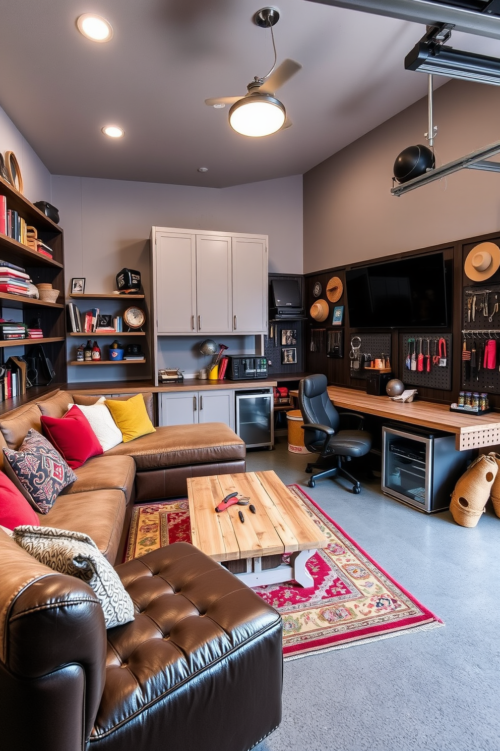 A cozy multi-purpose space designed for hobbies and relaxation. The area features a large sectional sofa adorned with colorful throw pillows, a coffee table made from reclaimed wood, and shelves filled with books and art supplies. The walls are painted in a soft gray, providing a calm backdrop for creativity. A corner is dedicated to a small workbench with tools organized neatly, while a vintage rug adds warmth to the floor. A stylish man cave that combines comfort and entertainment. The design includes a plush leather recliner, a big-screen TV mounted on the wall, and a mini-fridge stocked with beverages. Dark wood paneling gives the space a masculine feel, complemented by sports memorabilia displayed on shelves. Ambient lighting creates a relaxed atmosphere, perfect for game nights or unwinding after a long day. A functional garage design that balances storage and workspace. The layout features built-in cabinets for tools and equipment, along with a sturdy workbench for DIY projects. The floor is finished with durable epoxy, making it easy to clean, while overhead storage maximizes space. A pegboard wall organizes tools efficiently, ensuring everything is within reach while maintaining a tidy environment.