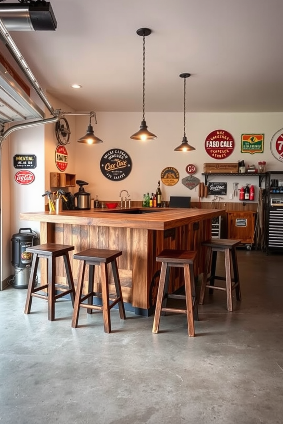 A rustic wood bar with sturdy stools sits against the wall, crafted from reclaimed timber that showcases its natural grain and imperfections. Above the bar, industrial-style pendant lights cast a warm glow, creating an inviting atmosphere for gatherings. The man cave features a spacious garage layout, with a polished concrete floor and ample storage solutions for tools and equipment. Vintage signage and memorabilia adorn the walls, adding a personal touch to the rugged aesthetic.