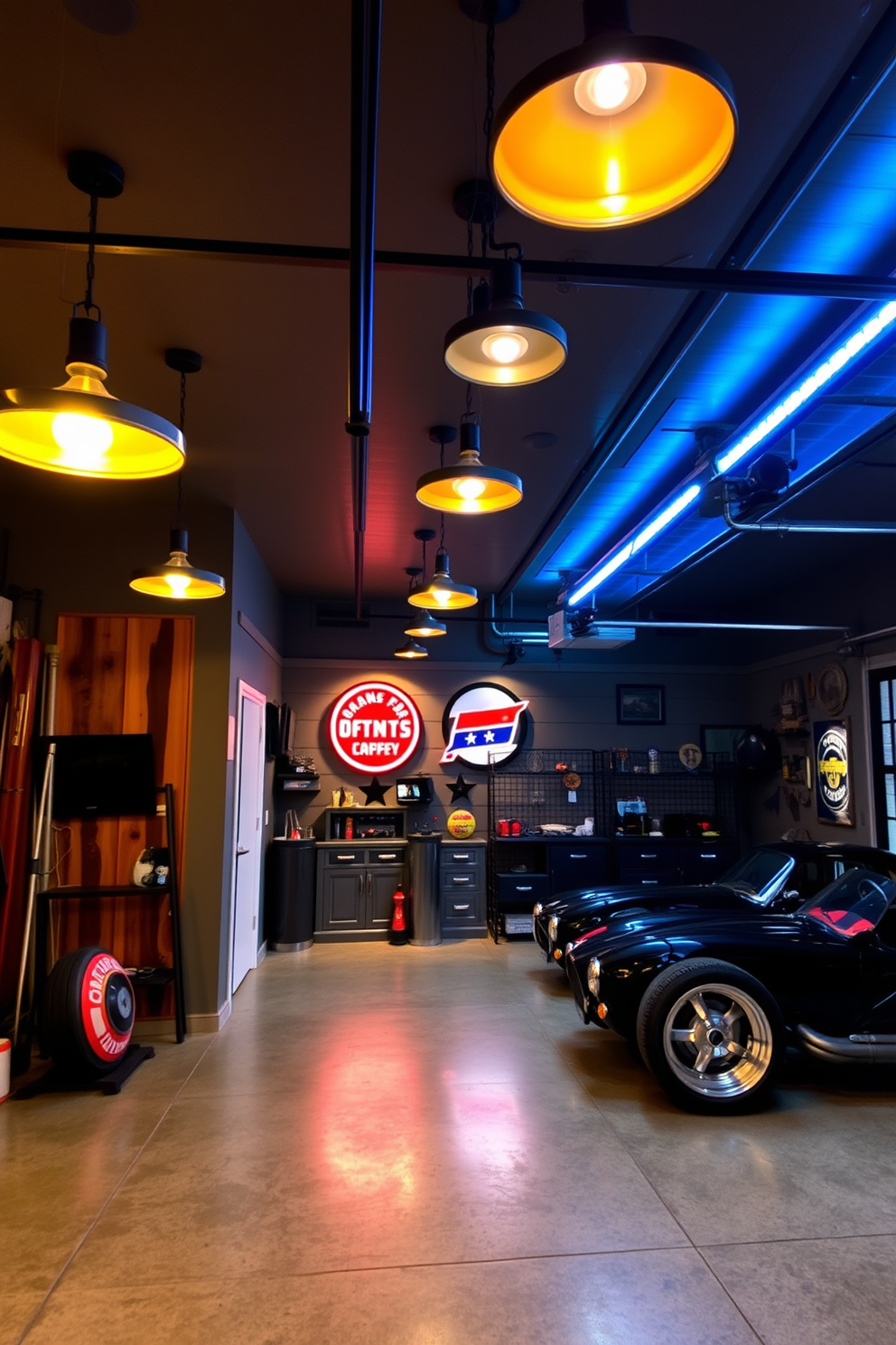 A stylish man cave garage featuring unique and creative lighting fixtures that enhance the overall ambiance. The space includes a combination of industrial pendant lights and LED strip lighting that highlight the garage's sleek design elements. The walls are adorned with rustic wood paneling, and the floor is polished concrete, creating a modern yet cozy atmosphere. Vintage signs and memorabilia are showcased under the warm glow of strategically placed spotlights, adding character to the space.