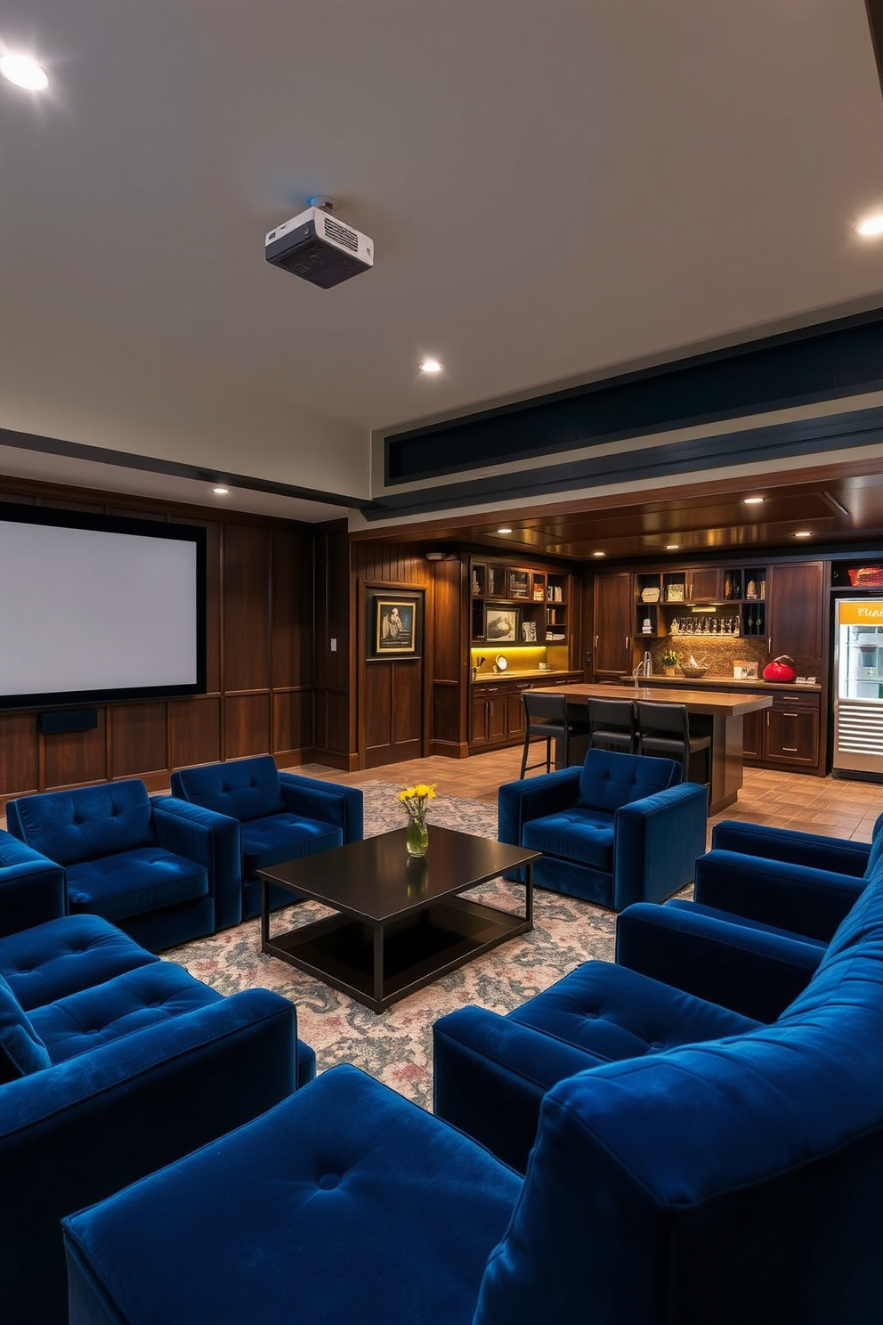 A luxurious home theater setup features a large projector screen mounted on the wall. Plush velvet seating in deep blue surrounds a sleek coffee table, creating an inviting atmosphere for movie nights. The man cave is designed with dark wood paneling and leather furniture for a classic look. A bar area with high stools and a vintage-style fridge adds a fun and functional touch to the space. The garage design incorporates built-in storage solutions and a workbench for organization. Bright LED lighting illuminates the area, making it a perfect spot for hobbies and projects.