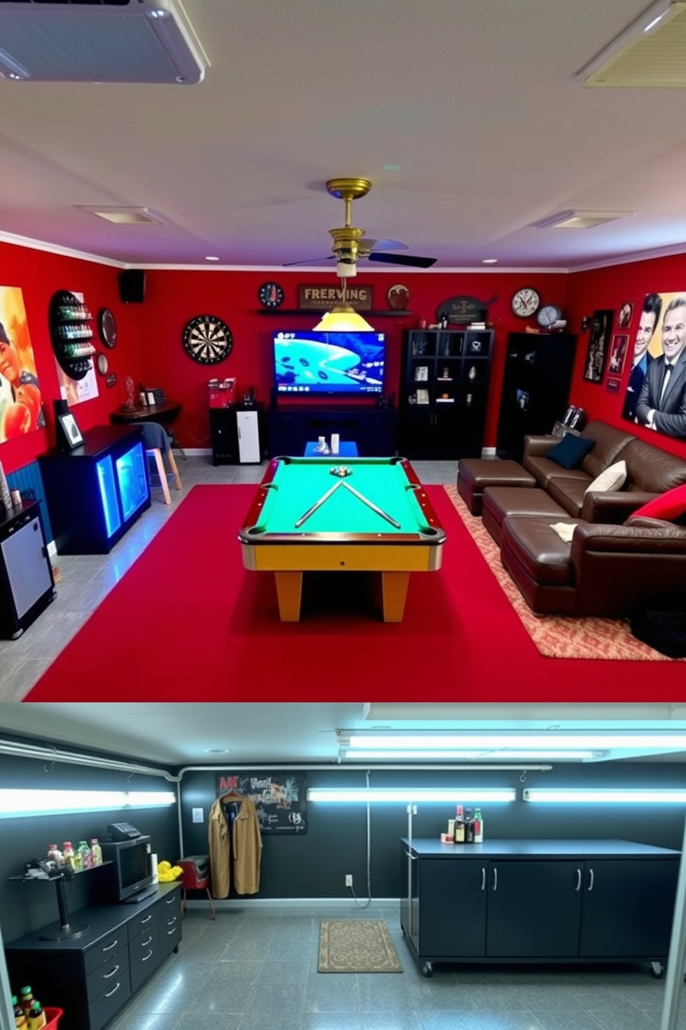 A vibrant game room featuring a classic pool table in the center, surrounded by comfortable seating and colorful artwork on the walls. A dartboard is mounted on one side, with a small bar area stocked with drinks and snacks for entertainment. A cozy man cave designed for relaxation and entertainment, with a large sectional sofa facing a big screen TV. The walls are adorned with sports memorabilia, and a mini fridge is conveniently placed nearby for refreshments. A stylish garage transformed into a multifunctional space, featuring sleek storage solutions and a workbench for DIY projects. The floor is finished with epoxy coating, and bright LED lights illuminate the area for a modern touch.