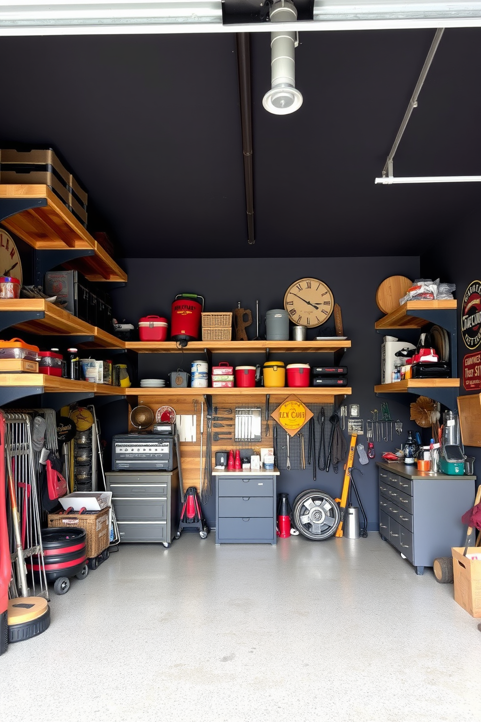 A spacious garage featuring industrial style shelving made of reclaimed wood and metal brackets. The shelves are filled with an organized array of tools and equipment, enhancing the rugged aesthetic of the space. The walls are painted in a deep charcoal color, contrasting with the warm tones of the wood. Vintage signs and memorabilia adorn the walls, adding character to this man cave garage design.