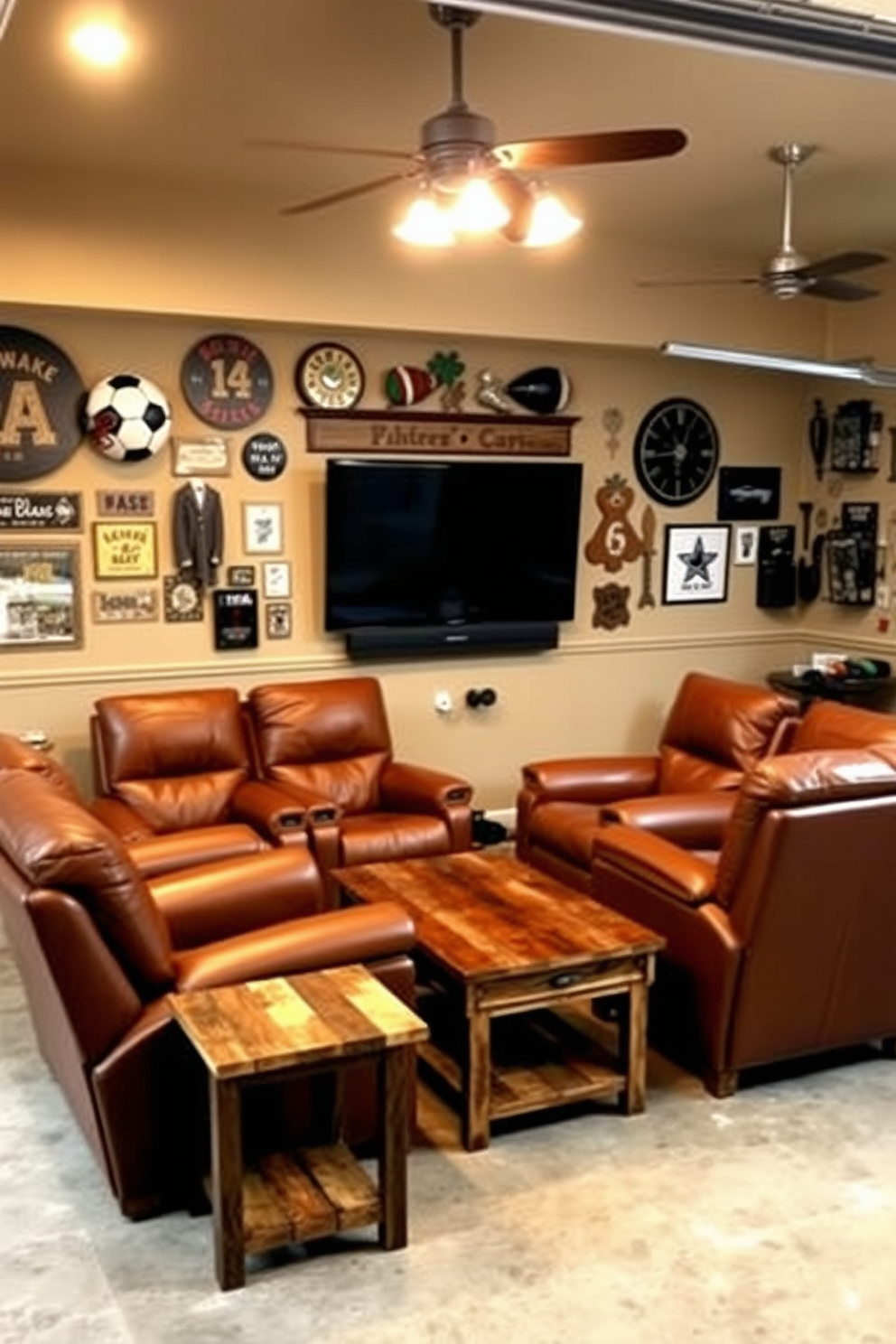 A cozy man cave garage featuring leather recliners positioned comfortably around a low wooden coffee table. The walls are adorned with vintage sports memorabilia, and a large flat-screen TV is mounted for entertainment. Side tables made of reclaimed wood complement the recliners, providing a perfect spot for drinks and snacks. Ambient lighting from industrial-style fixtures creates a warm and inviting atmosphere for relaxation and gatherings.