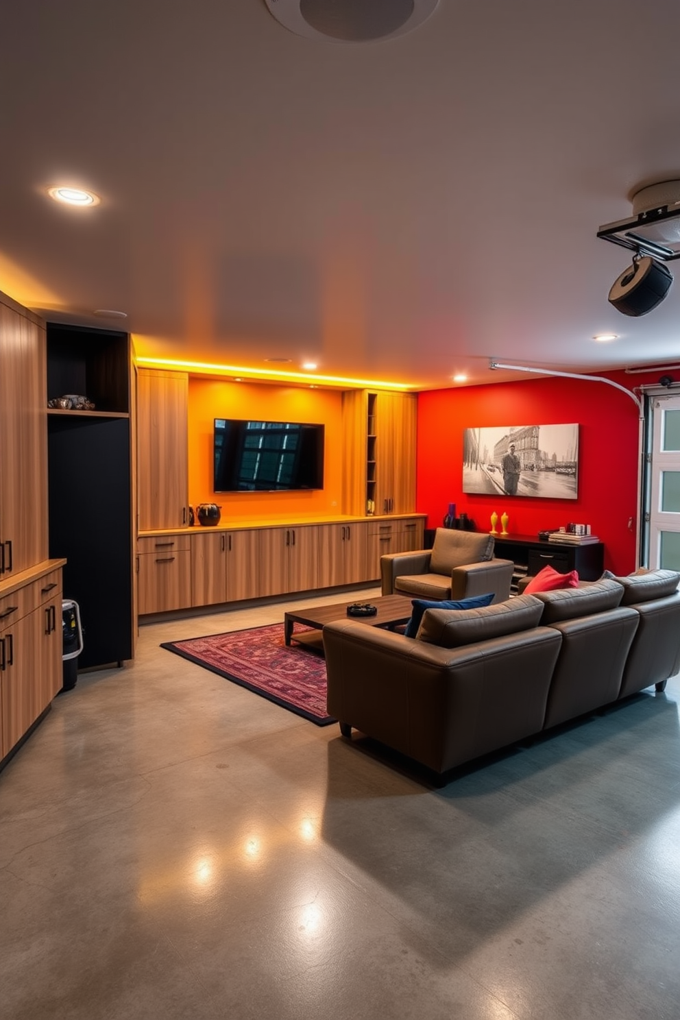 A stylish man cave garage designed for relaxation and entertainment. The space features LED lighting that casts a warm glow, illuminating a comfortable seating area with plush sofas and a large flat-screen TV mounted on the wall. The garage is equipped with a polished concrete floor and custom cabinetry for storage. Accents of vibrant colors and artwork add personality, while strategically placed LED strips highlight the unique architectural features of the space.