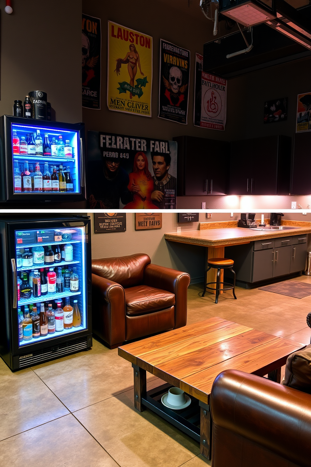 A stylish mini fridge stocked with a variety of drinks is positioned against a wall in a cozy man cave. The space features comfortable seating with leather couches and a rustic wooden coffee table, creating an inviting atmosphere for relaxation. The garage is transformed into a functional entertainment area with sleek cabinets and a polished concrete floor. Vintage posters adorn the walls, and ambient lighting highlights a custom bar area equipped with stools for a perfect gathering spot.