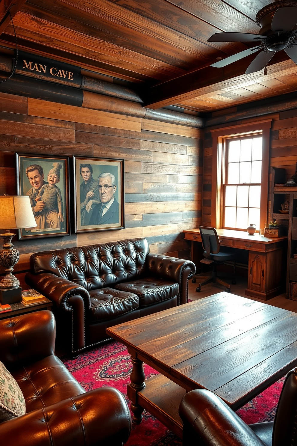 A cozy man cave office featuring rustic wood accents and rich leather furniture. The walls are adorned with reclaimed wood paneling, creating a warm and inviting atmosphere. A large leather sofa sits in the center of the room, complemented by a rustic wooden coffee table. A vintage desk made of distressed wood is positioned near a window, providing a perfect workspace with natural light.