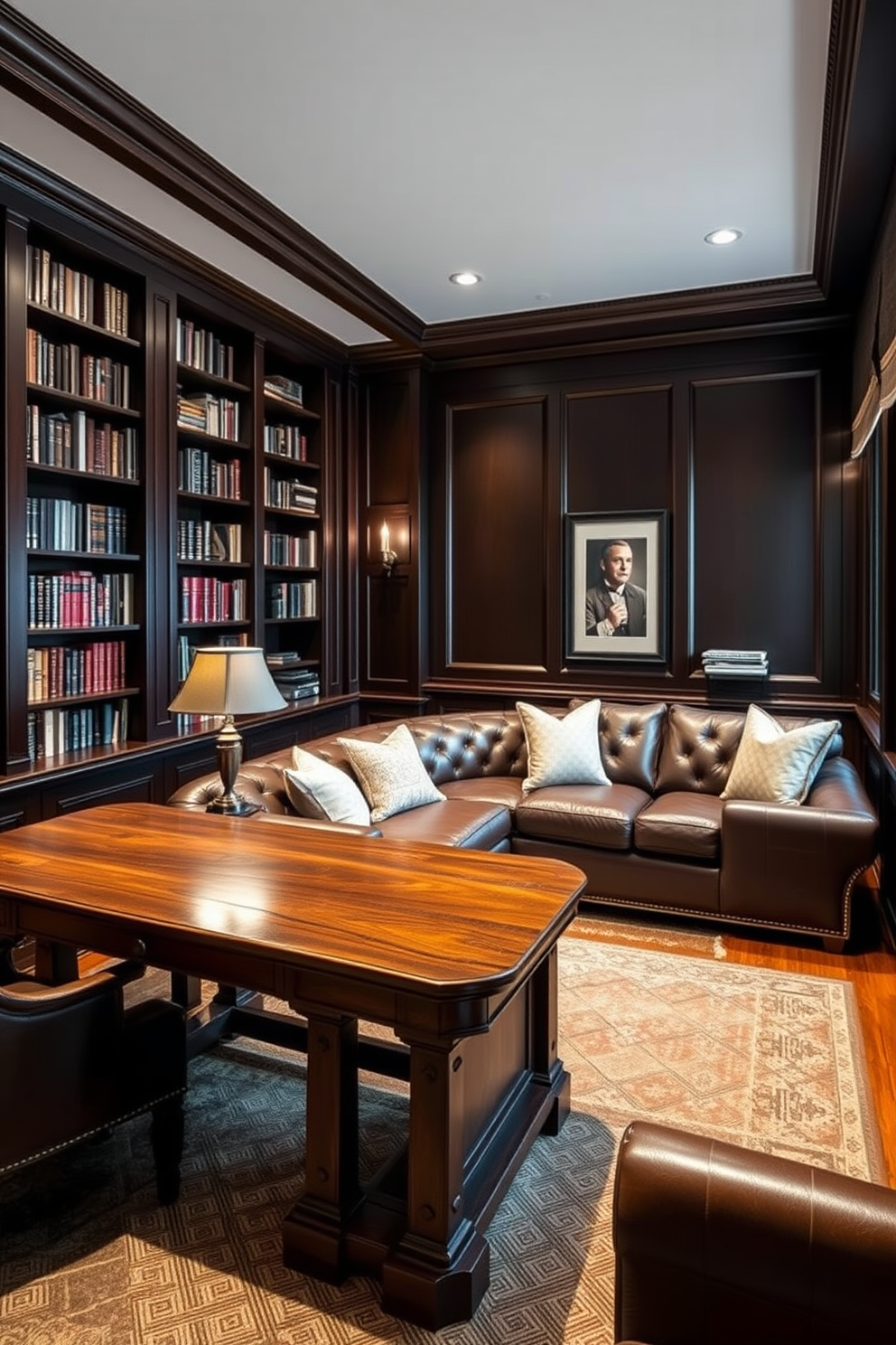 Classic library style with built-in bookshelves. The room features dark wood paneling and plush leather seating, creating a warm and inviting atmosphere. Man Cave Office Design Ideas. This space combines comfort and functionality, with a large sectional sofa, a rustic wooden desk, and ambient lighting for a relaxed yet productive environment.