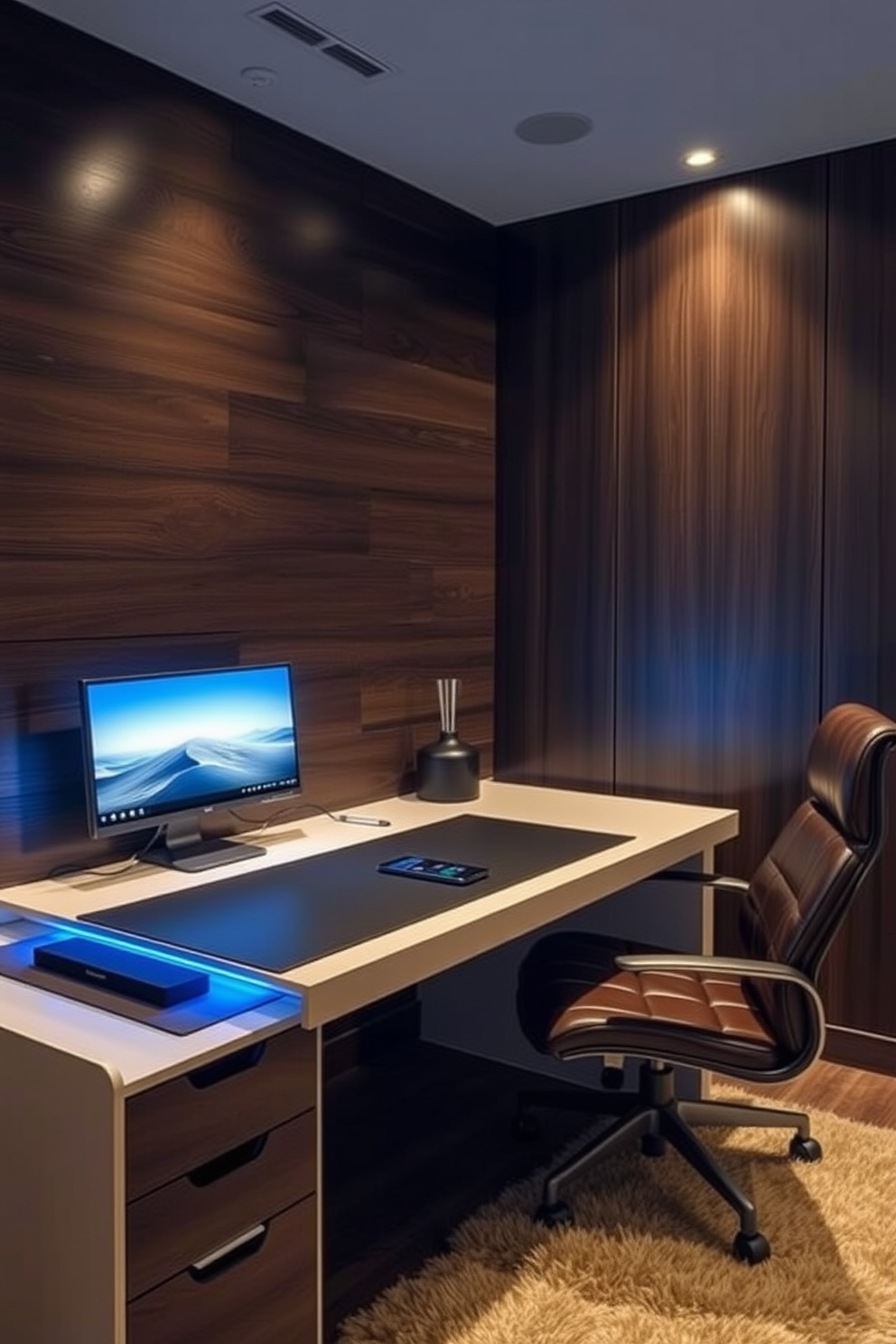 A modern man cave office designed for productivity and relaxation. The space features a sleek desk with built-in smart technology, including a wireless charging pad and integrated speakers. The walls are adorned with dark wood paneling, creating a cozy atmosphere. A comfortable leather chair and a plush rug complete the look, while ambient lighting enhances the overall vibe.