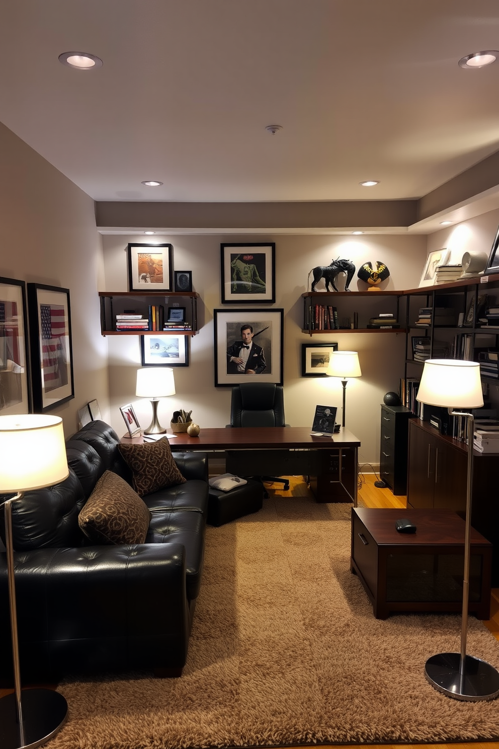 A cozy man cave office featuring mood lighting with adjustable brightness options. The space includes a large dark leather sofa facing a sleek wooden desk with a modern lamp, creating a comfortable yet functional atmosphere. The walls are adorned with framed artwork and shelves filled with books and memorabilia. A plush area rug lies underfoot, adding warmth to the room while floor lamps provide additional lighting options for various activities.