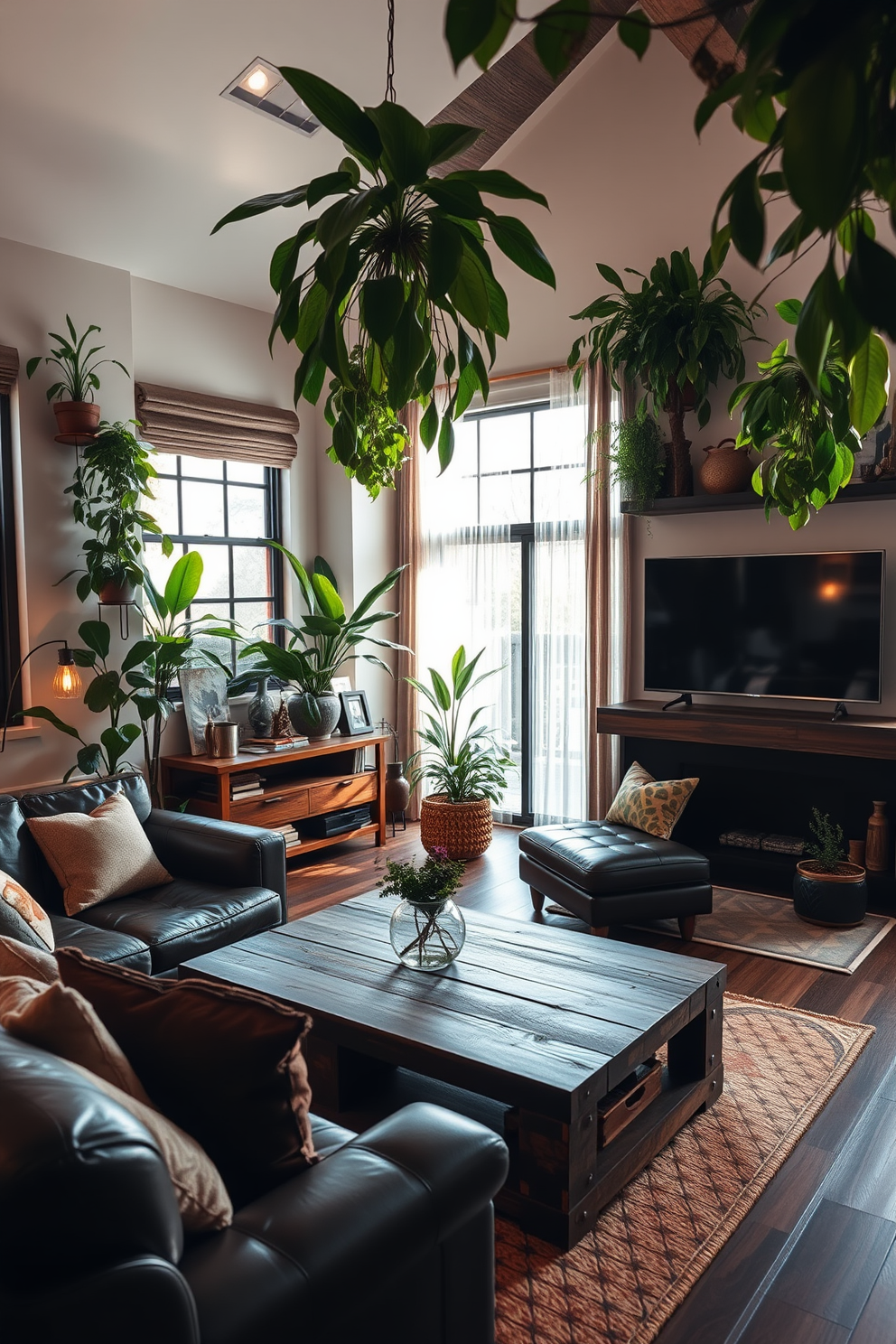 A serene living space filled with nature-inspired decor. Lush indoor plants are strategically placed around the room, creating a calming atmosphere and enhancing the natural light. A stylish man cave designed for relaxation and entertainment. The space features a comfortable leather sofa, a large flat-screen TV, and a rustic wooden coffee table, complemented by dark wood accents and ambient lighting.