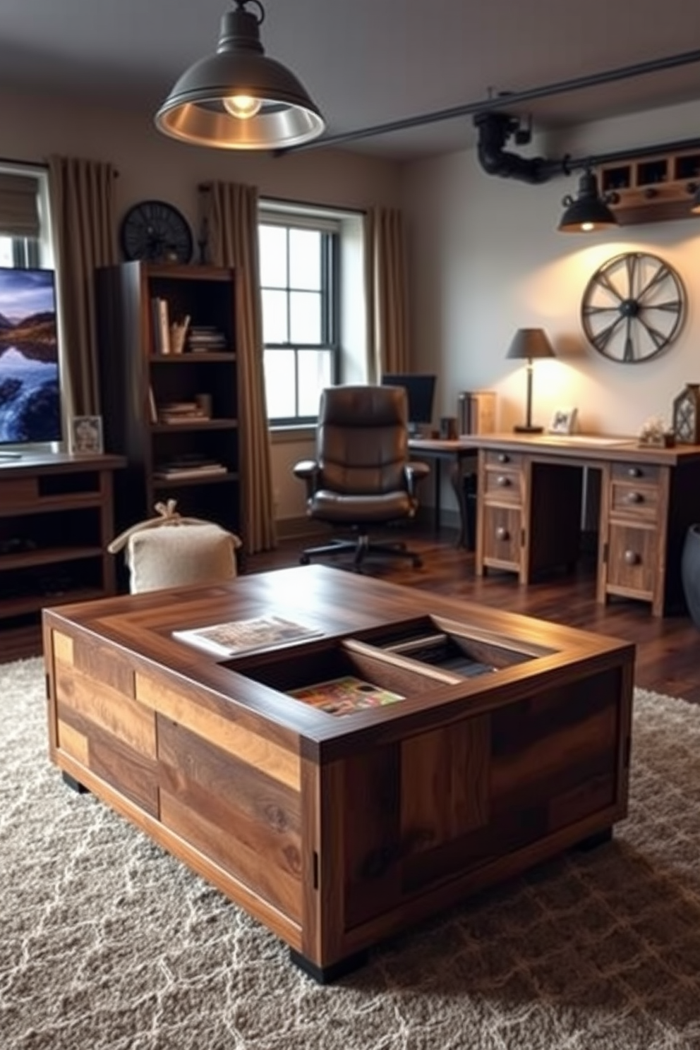 A unique coffee table with storage features crafted from reclaimed wood sits at the center of the room. It showcases a sleek design with hidden compartments, ideal for organizing magazines and remote controls. The man cave office design combines comfort and functionality with a leather recliner and a rustic desk. Ambient lighting from industrial-style fixtures enhances the cozy atmosphere, making it a perfect space for relaxation and productivity.