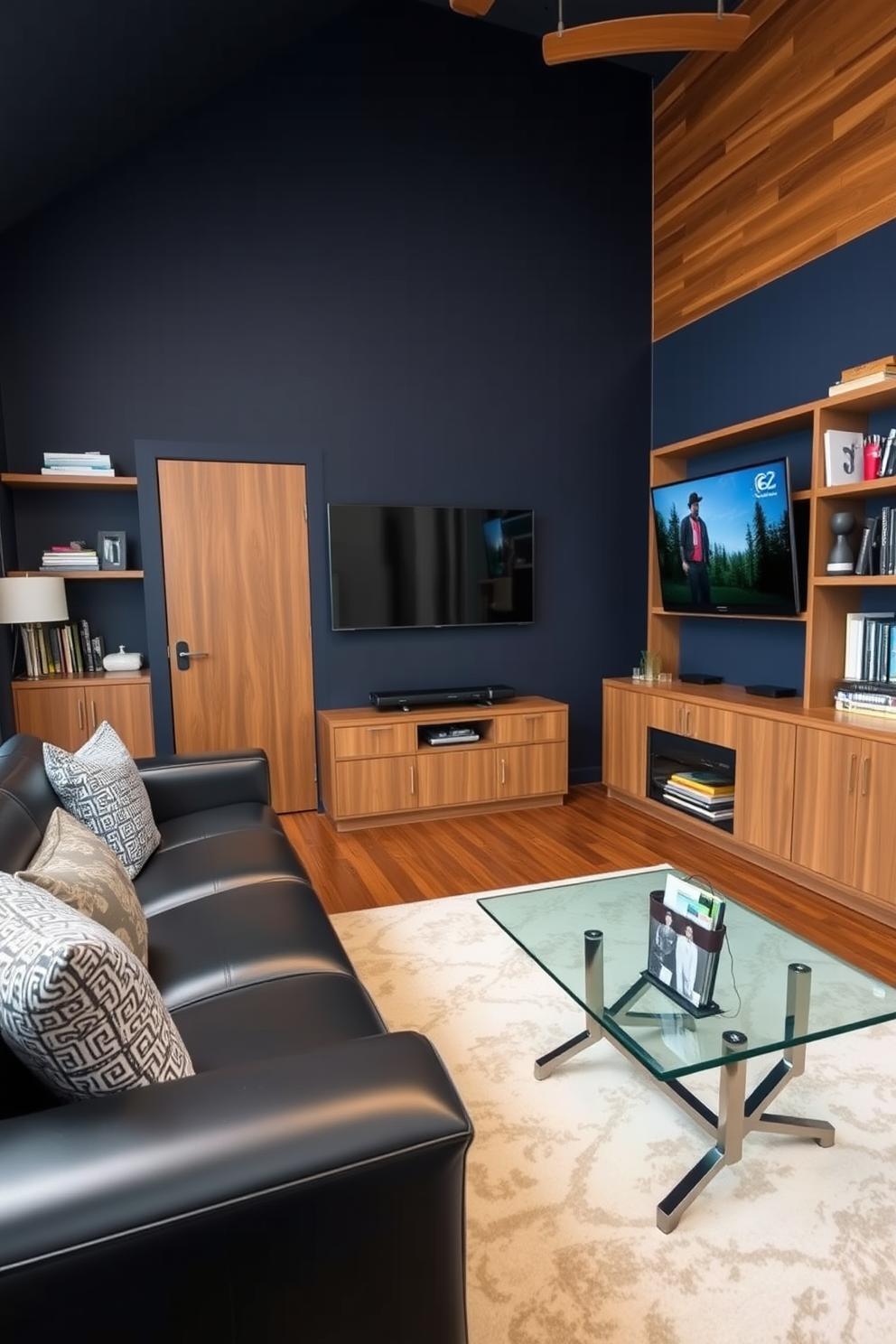 A stylish man cave office featuring a wall-mounted TV for entertainment options. The space is equipped with a sleek black leather sofa and a modern glass coffee table, creating a comfortable yet sophisticated atmosphere. The walls are painted in a deep navy blue, complemented by warm wooden accents throughout the room. A large area rug anchors the seating area, while shelves filled with books and decor add personality to the space.