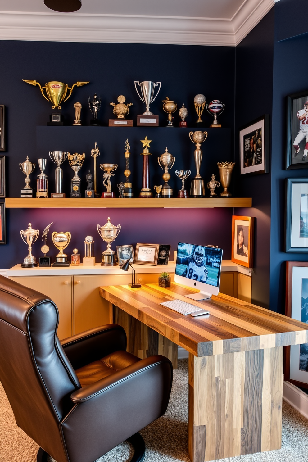 Artistic display of collectibles and trophies. A sleek wooden shelf showcases a variety of unique trophies and collectibles, arranged by height for visual interest. The wall behind is painted in a deep navy blue to create a striking contrast. Soft ambient lighting highlights the collection, creating a gallery-like feel in the space. Man Cave Office Design Ideas. A comfortable leather recliner is positioned next to a modern desk made of reclaimed wood, providing a stylish yet functional workspace. The walls are adorned with framed sports memorabilia and artwork that reflect personal interests, adding character to the room.