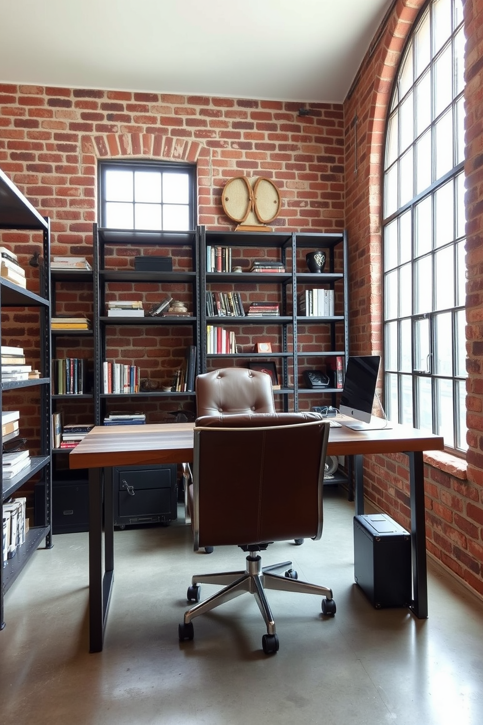 An industrial style man cave office features exposed brick walls and large windows allowing natural light to flood the space. Metal shelving units line the walls, showcasing books and collectibles while adding a rugged aesthetic to the environment. The office desk is made of reclaimed wood paired with a sleek metal frame, providing a sturdy workspace. A comfortable leather chair sits in front of the desk, inviting productivity in this stylish and functional setting.