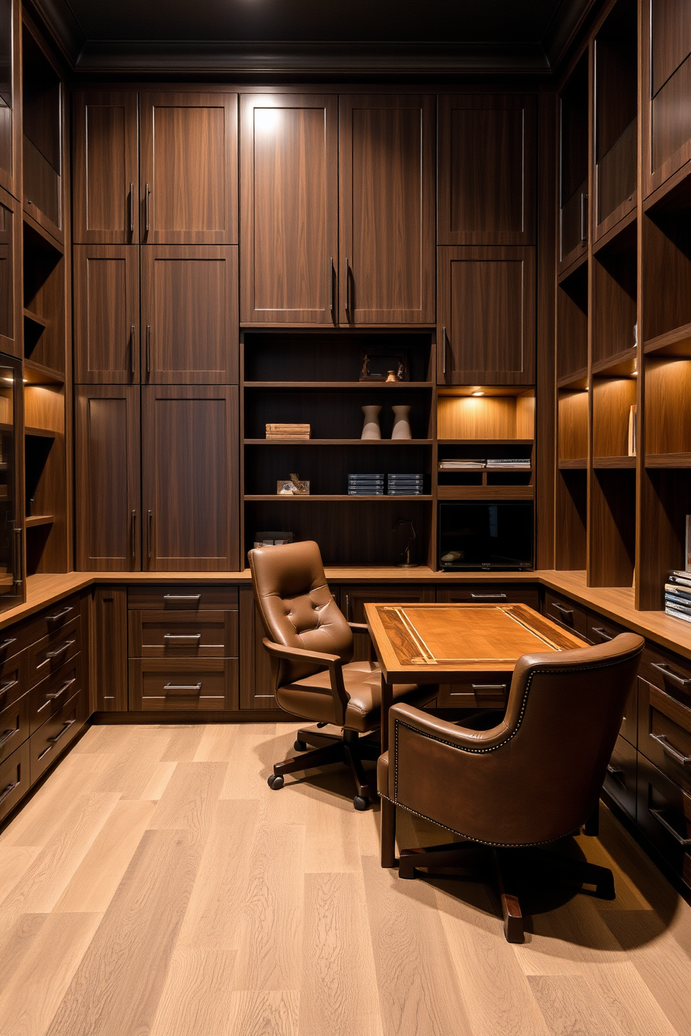 Custom cabinetry designed for organized storage fills the walls of a stylish man cave office. The cabinetry features sleek finishes and ample shelving, creating a functional yet elegant workspace. A large wooden desk sits in the center, complemented by a comfortable leather chair. Warm lighting casts a cozy glow, enhancing the rich tones of the room's decor.