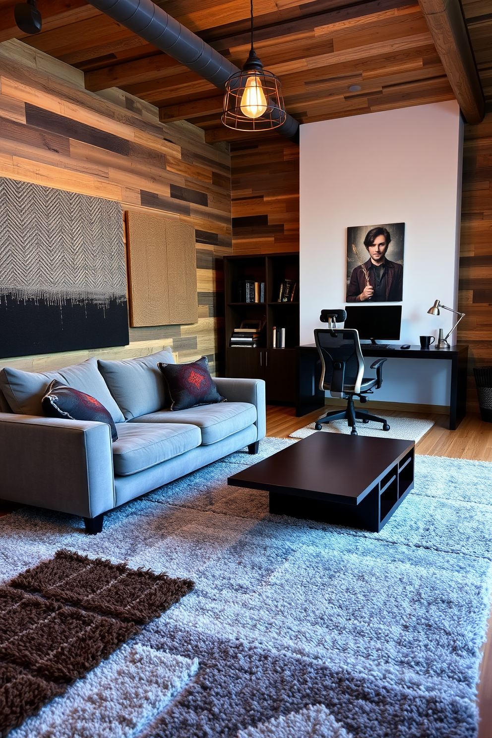 Textured rugs in varying shades of gray and brown are scattered across the wooden floor, creating a cozy atmosphere. A plush, oversized sofa is positioned in front of a sleek coffee table, inviting relaxation and conversation. The man cave office features a dark wood desk with a modern ergonomic chair, perfectly suited for productivity. Industrial-style lighting fixtures hang from the ceiling, illuminating the space and adding a trendy touch.