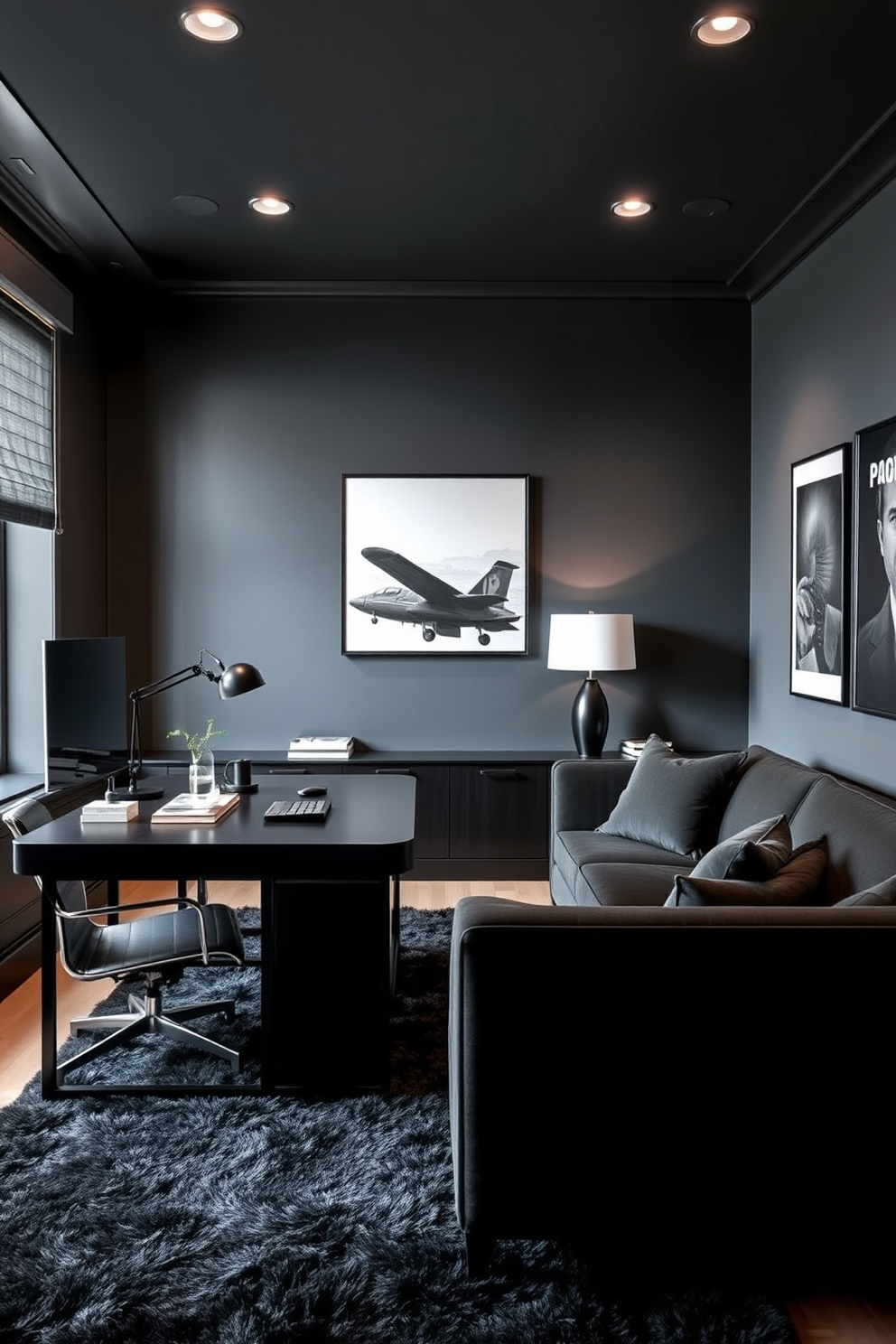 A sophisticated man cave office designed with a monochromatic color scheme. The walls are painted in a deep charcoal gray, complemented by sleek black furniture and a plush dark gray sofa. A large desk made of black wood sits against the wall, adorned with minimalistic decor and a stylish desk lamp. The floor is covered with a soft, dark area rug that adds warmth to the space, while subtle lighting fixtures create an inviting atmosphere.