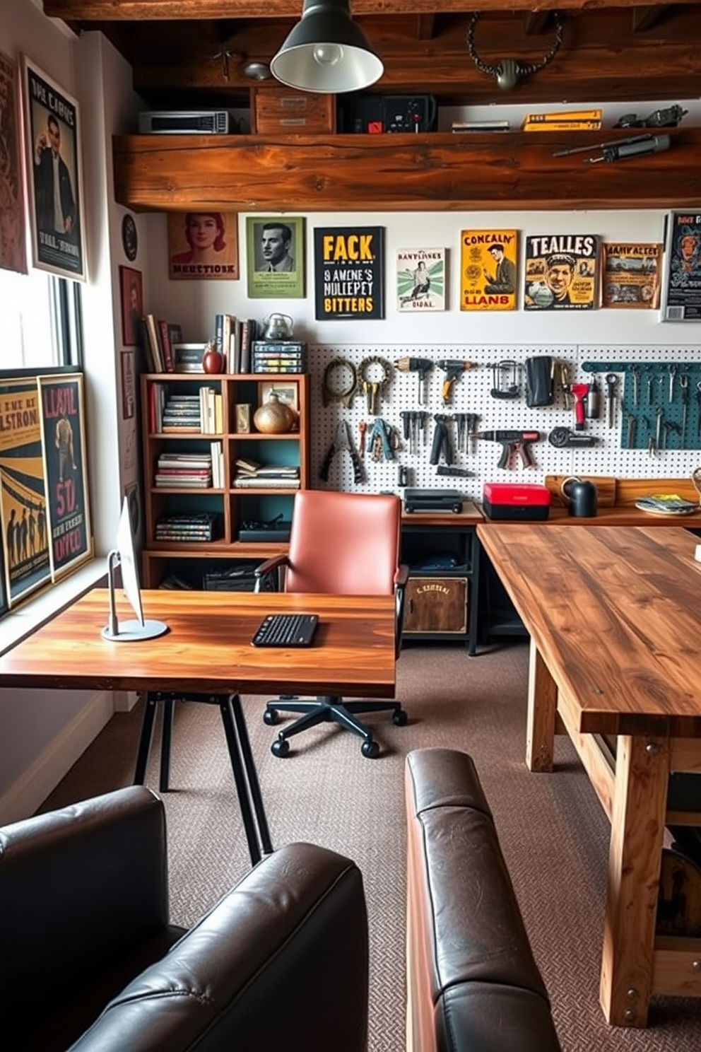 A cozy man cave office featuring a reclaimed wood desk with industrial metal legs. The walls are adorned with vintage posters and shelves filled with books and collectibles, creating a relaxed yet inspiring atmosphere. A dedicated DIY project area with a pegboard wall for tools and supplies. A large workbench made from distressed wood is surrounded by comfortable seating, inviting creativity and personalization in the space.