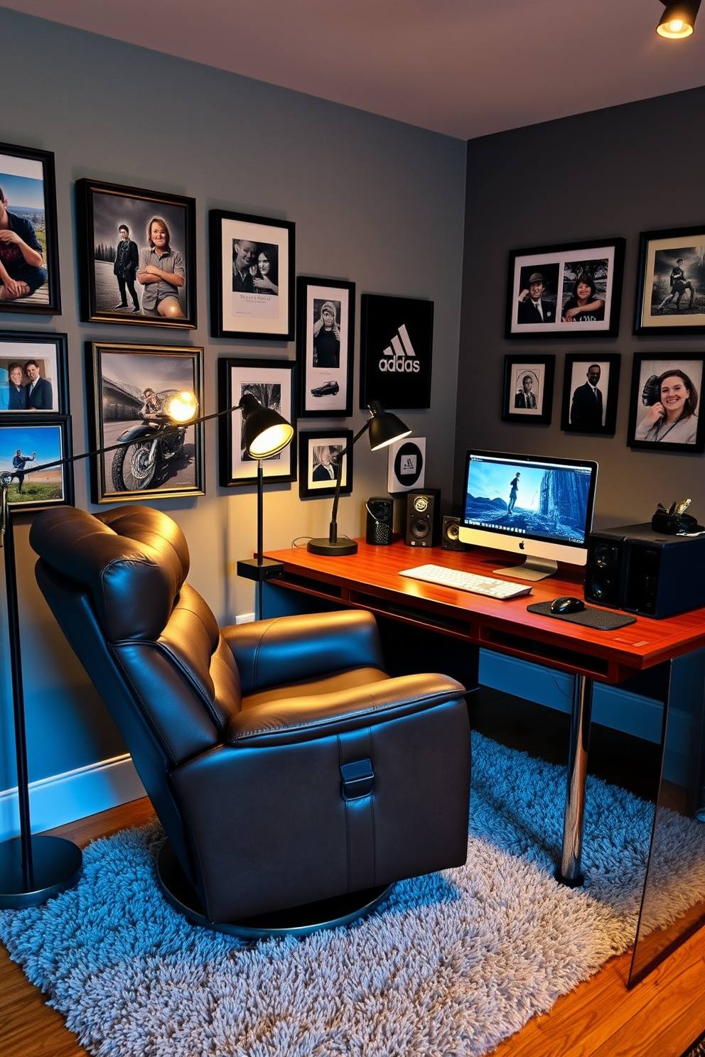 A stylish man cave office featuring a comfortable leather recliner positioned next to a sleek wooden desk. The walls are adorned with framed photographs of memorable moments, showcasing personal achievements and adventures. The desk is equipped with modern technology and stylish accessories, creating a productive yet relaxed atmosphere. Ambient lighting from a vintage floor lamp enhances the cozy feel, while a plush area rug adds warmth to the space.