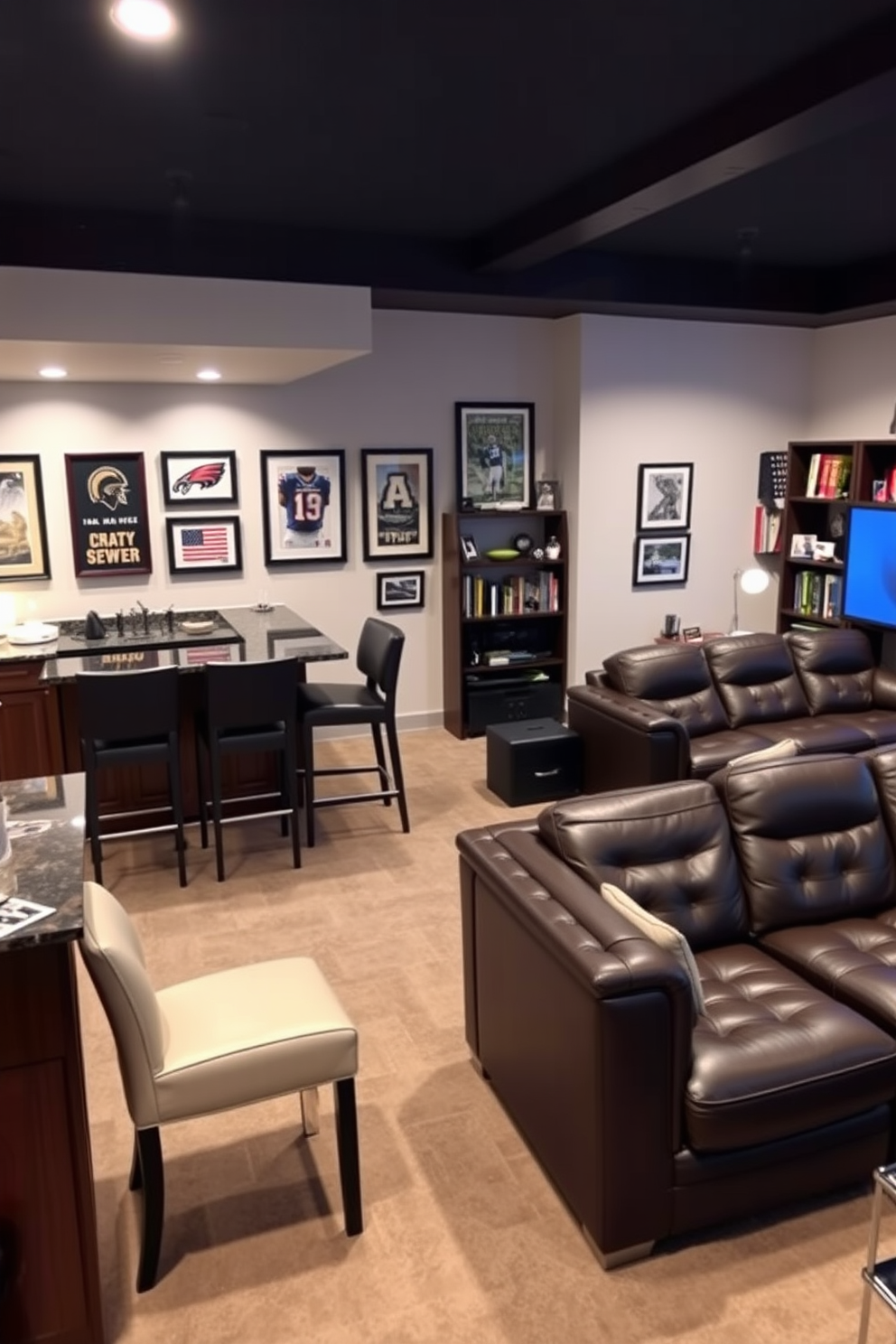 A stylish man cave office featuring a sleek wet bar designed for socializing. The wet bar is made of dark wood with a polished granite countertop, equipped with modern bar stools and ambient lighting above. The office area includes a large leather sectional sofa and a contemporary desk with ergonomic seating. Walls are adorned with framed sports memorabilia and shelves filled with books and collectibles, creating a cozy yet functional space.