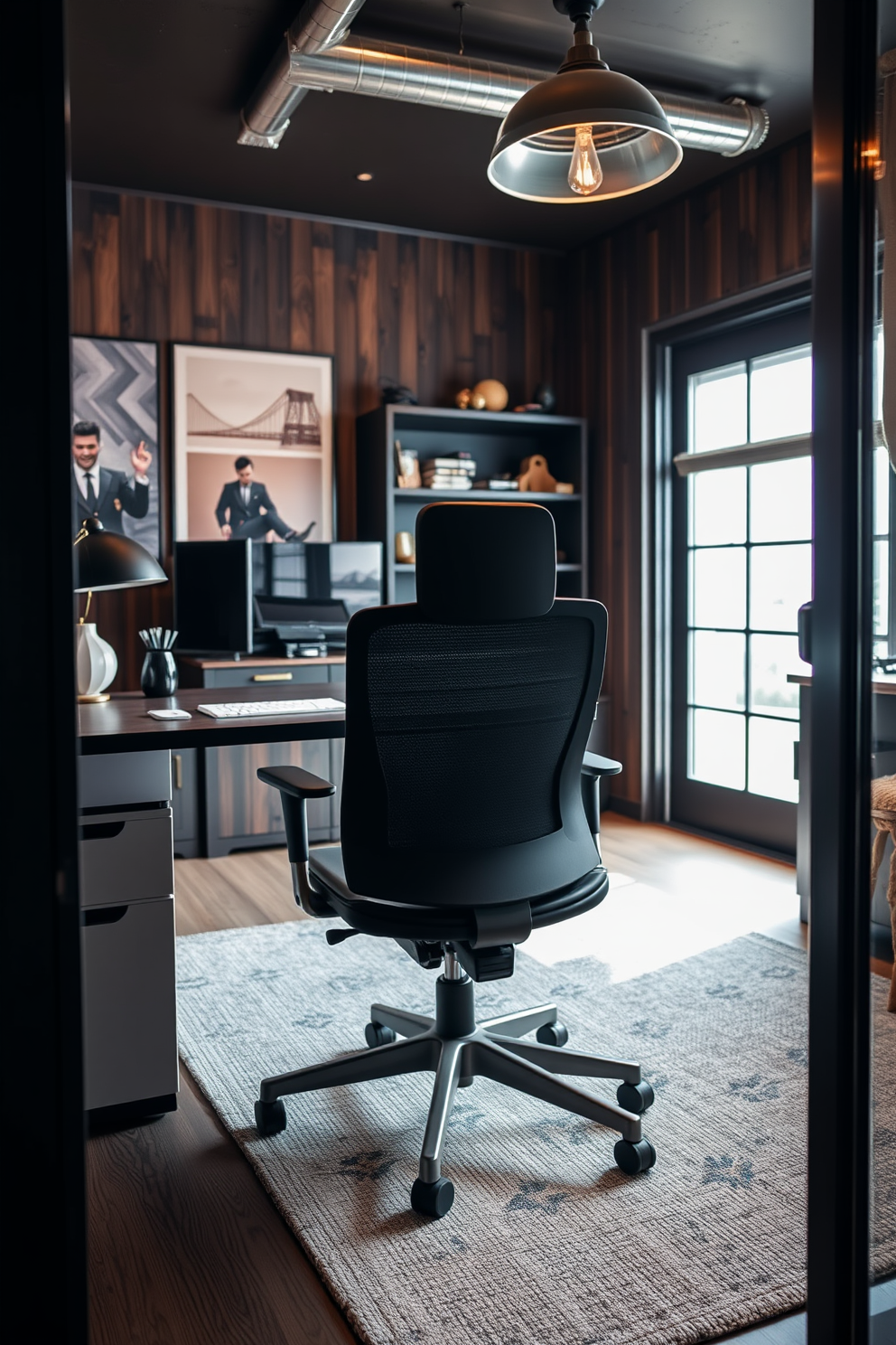 A sleek ergonomic chair designed for comfort is positioned at a modern desk in a stylish man cave office. The space features dark wood accents and industrial lighting, creating a cozy yet sophisticated atmosphere.