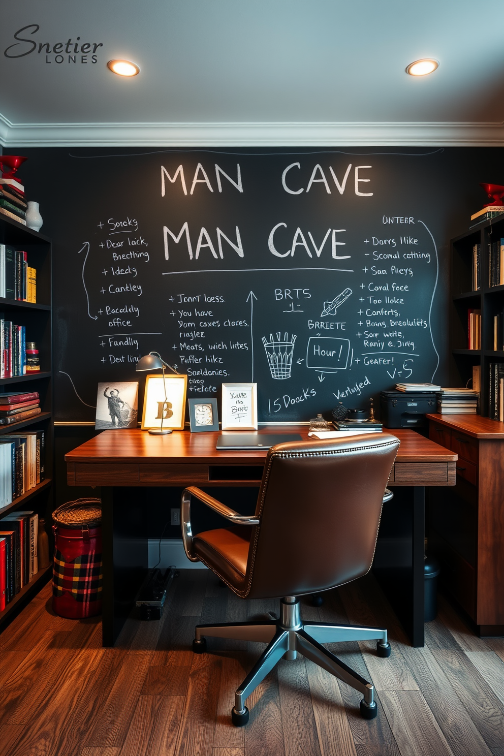 A stylish man cave office featuring a chalkboard wall for brainstorming and jotting down ideas. The space includes a sleek wooden desk with a comfortable leather chair, surrounded by shelves filled with books and personal memorabilia.