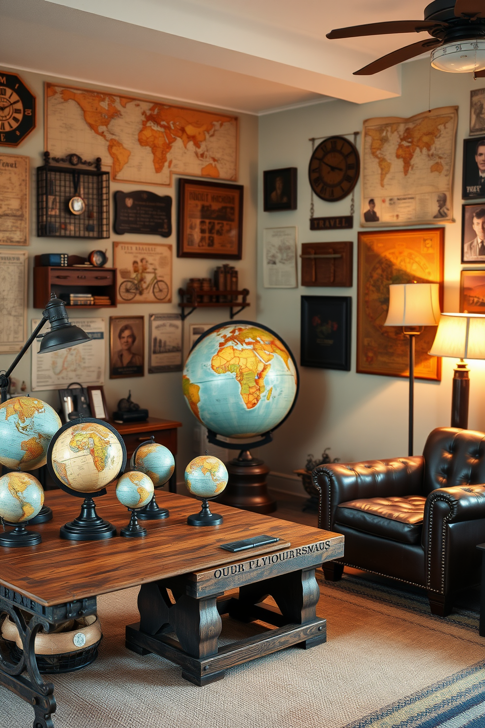 A travel-themed man cave office features decorative globes in various sizes placed on a rustic wooden desk. The walls are adorned with vintage maps and travel memorabilia, creating an inspiring atmosphere for work and relaxation. A large globe stands prominently in the corner, surrounded by a cozy seating area with leather chairs and a reclaimed wood coffee table. Soft lighting from industrial-style lamps casts a warm glow, enhancing the adventurous vibe of the space.