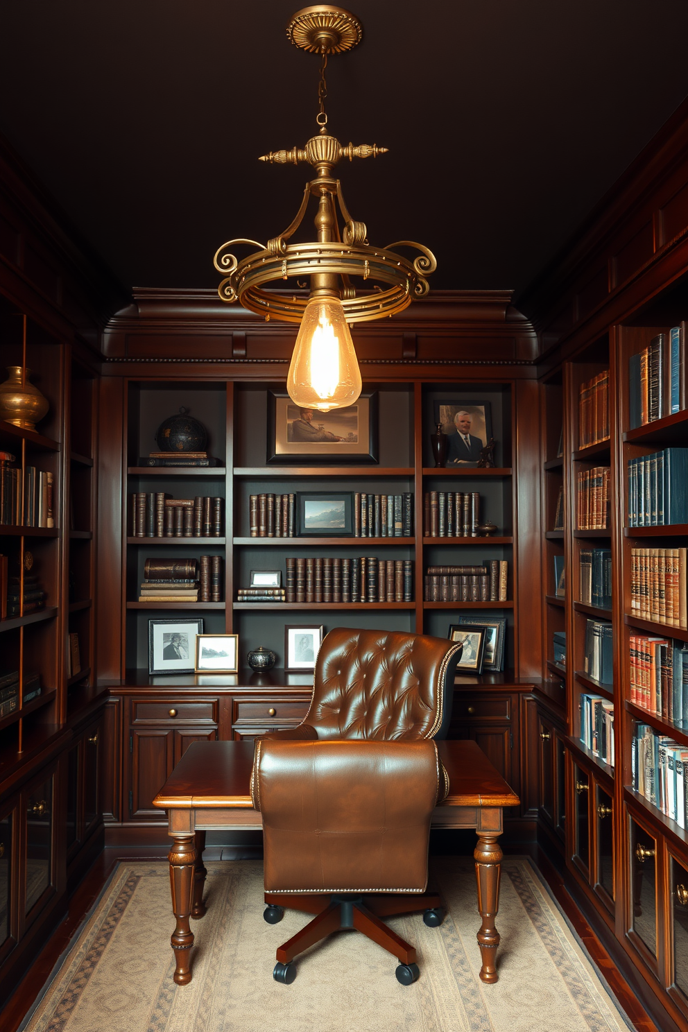 A vintage-style lighting fixture hangs from the ceiling, casting a warm and inviting glow throughout the space. The lighting features intricate details and a brass finish that complements the classic decor of the man cave. The office area is designed with rich wooden bookshelves filled with leather-bound volumes and personal memorabilia. A large, comfortable leather chair sits at a sturdy desk, providing an ideal workspace while maintaining the room's cozy atmosphere.