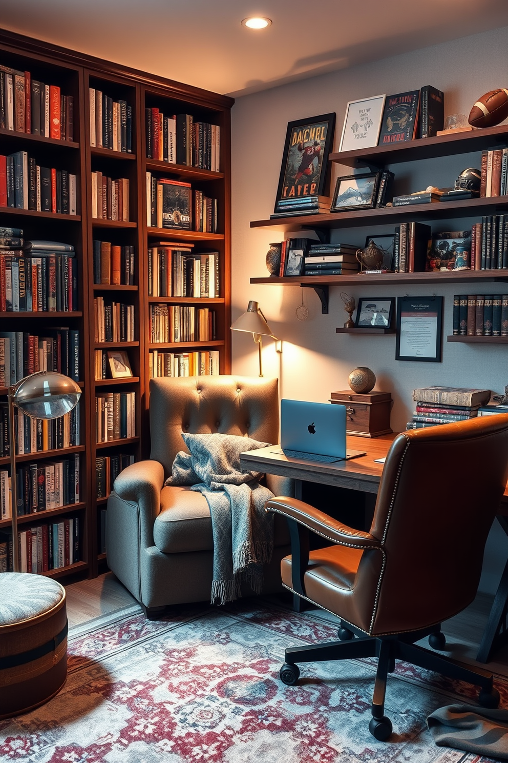 Cozy reading nook with armchair. A plush armchair is positioned in the corner, surrounded by tall bookshelves filled with books. Soft lighting comes from a floor lamp that casts a warm glow, creating an inviting atmosphere. A small side table holds a steaming cup of tea and a cozy blanket draped over the armchair. Man Cave Office Design Ideas. The space features a large wooden desk with a sleek laptop and stylish office supplies. A comfortable leather chair complements the desk, while a vintage rug adds warmth to the room. Wall-mounted shelves display sports memorabilia and personal artifacts, enhancing the room's character.