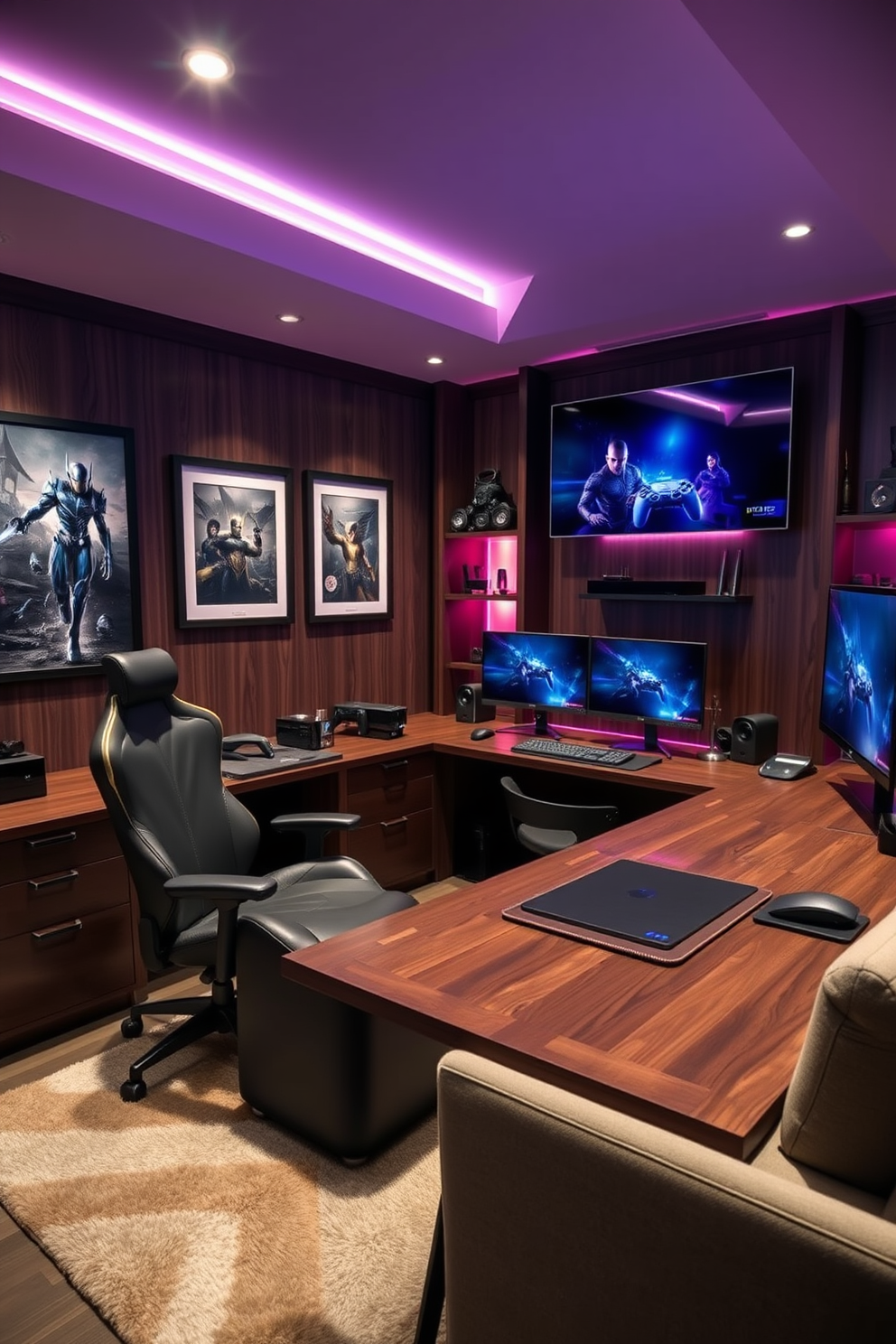 A stylish man cave office featuring a dedicated gaming station with sleek consoles and a large flat-screen TV mounted on the wall. The room is designed with dark wood accents, a comfortable gaming chair, and ambient lighting that creates a relaxed atmosphere. The walls are adorned with framed gaming artwork, and a plush area rug adds warmth to the space. A contemporary desk sits adjacent to the gaming setup, equipped with dual monitors and stylish organizers for a functional yet inviting workspace.