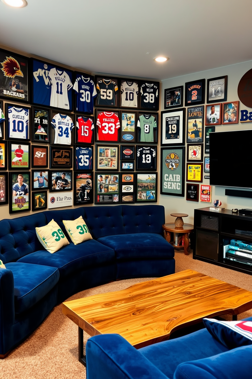 A game-themed decor featuring an array of sports memorabilia. The walls are adorned with framed jerseys and signed photographs, creating an immersive atmosphere for fans. The room includes a plush sectional sofa in deep blue, positioned around a coffee table made from reclaimed wood. A large flat-screen TV is mounted on the wall, perfect for watching games with friends.