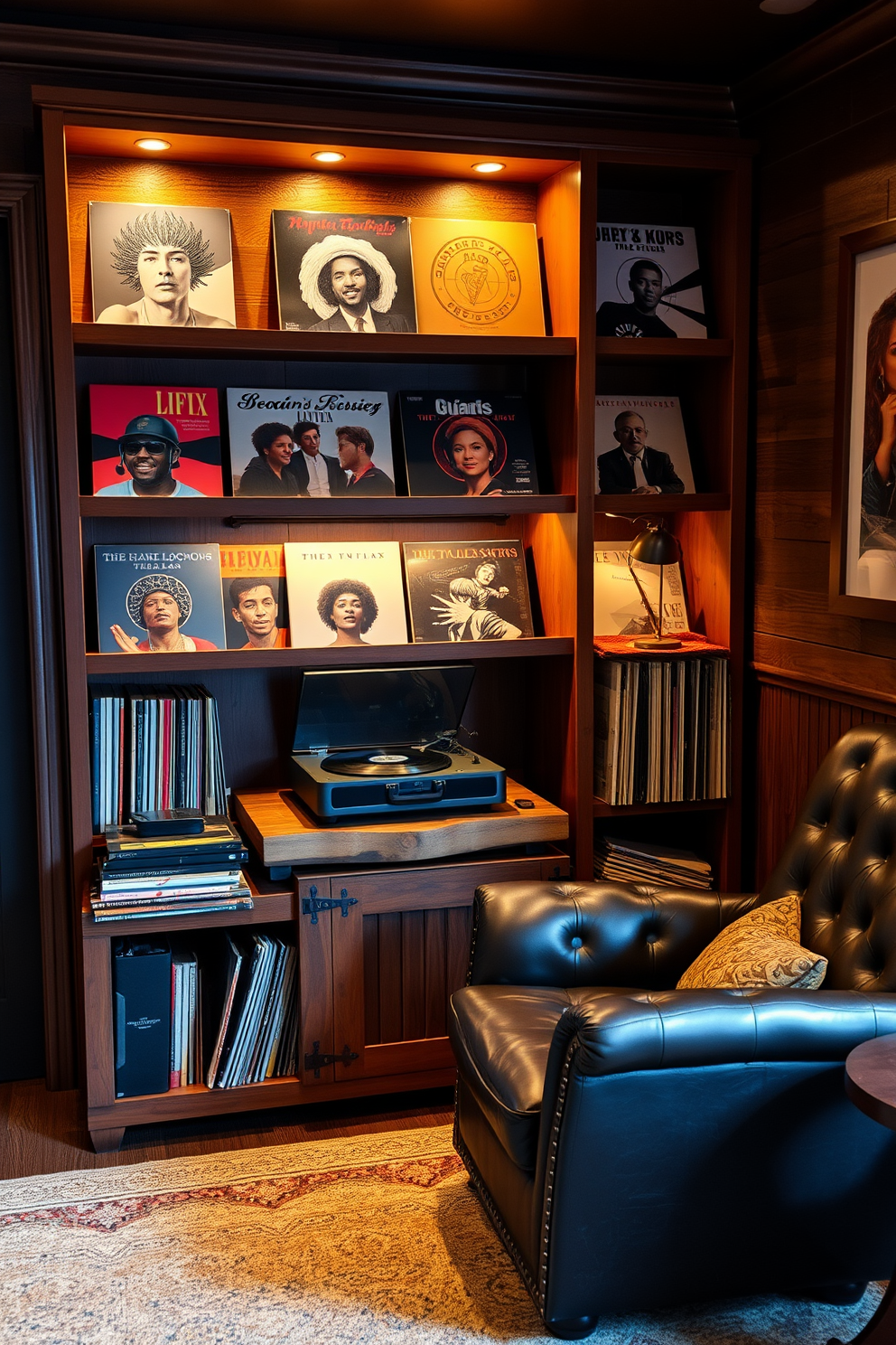 A cozy man cave office featuring a vintage record player positioned on a rustic wooden stand. Surrounding the record player is an impressive vinyl collection displayed on open shelving, with warm ambient lighting highlighting the album covers. The walls are adorned with dark wood paneling, creating a warm and inviting atmosphere. A plush leather armchair sits in the corner, complemented by a small side table for drinks and snacks.